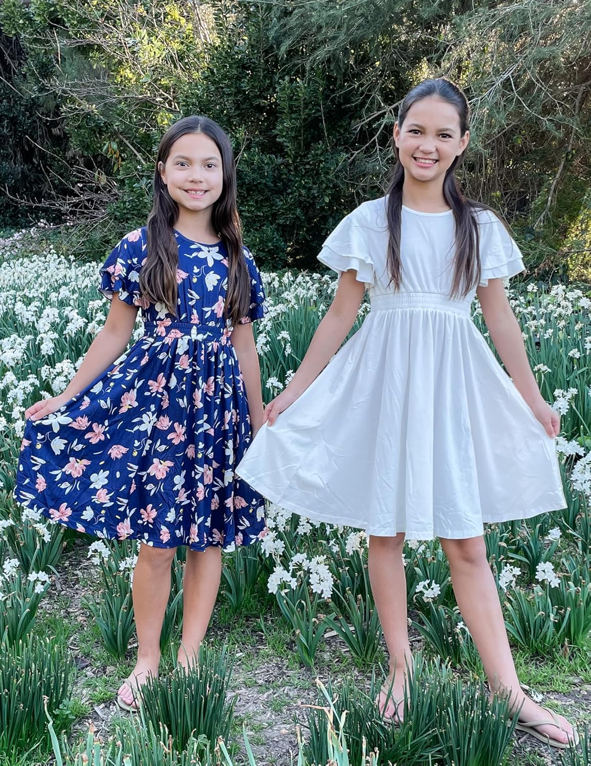 Arshiner Girl's Casual Dress Summer Scoop Neck Short Sleeve Flowy Print and Plain Sundress for Kids 4-14Y - Image 6