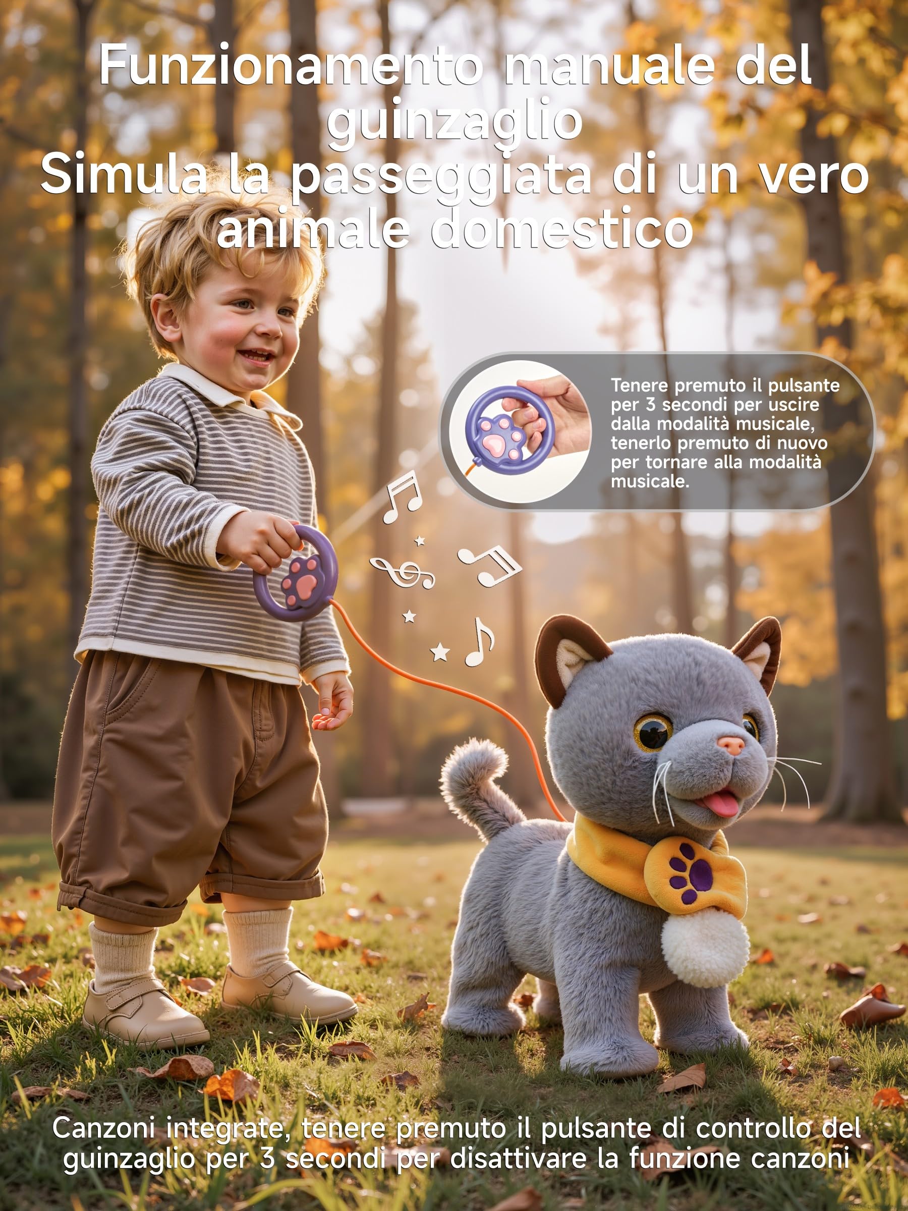 TUMAMA KIDS Giocattolo interattivo per bambini con 6 musiche, peluche gattino con telecomando e guinzaglio che corre e abbaia, peluche elettronico gattino a partire dai 2 anni - camminare, miagola