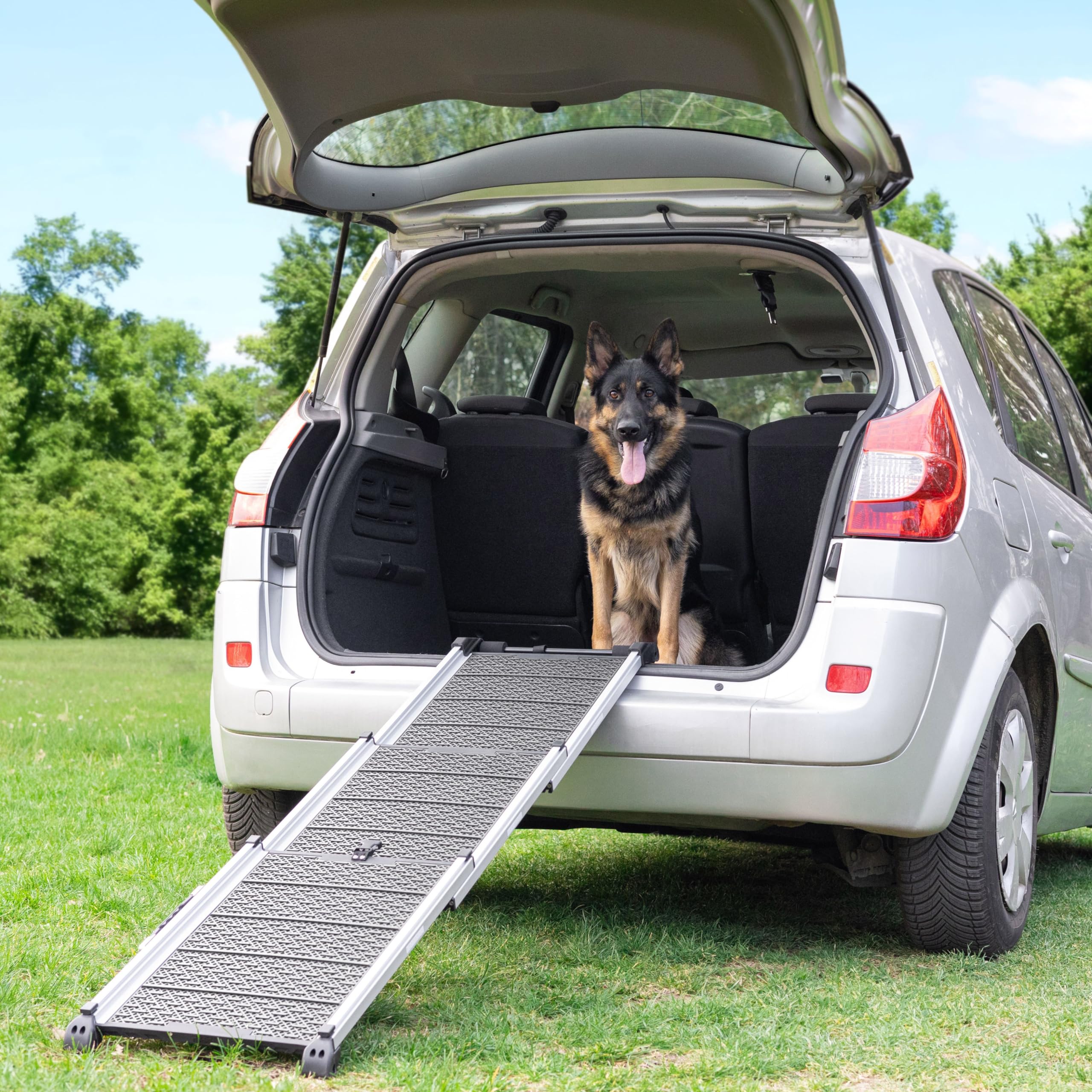 Rampe pour Chien Voiture, SUV - Rampe télescopique Extensible pour Grands Chiens - Stable - Antidérapante - Bordures réfléchissantes pour la sécurité de Nuit - Capacité 90kg - Clip de Fixation Gris