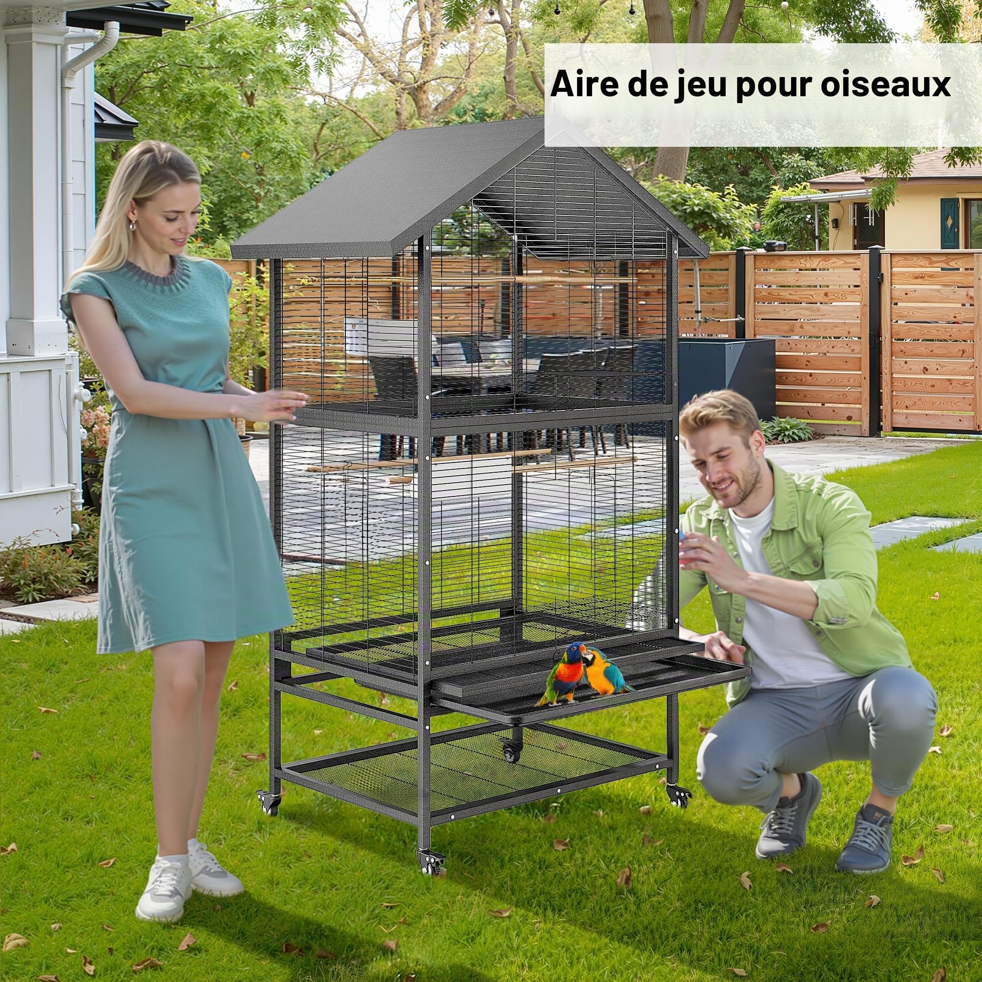Grande cage à oiseaux en métal de 166 cm avec roues, 4 mangeoires en métal, perchoirs en bois et étagère