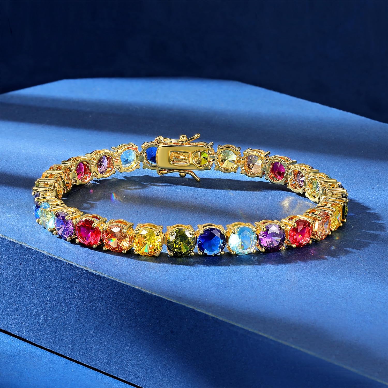 Gemsme 6.0mm Colored Cubic Zirconia Tennis Bracelet for Women, 6MM 18K White/Yellow Gold Plated Cubic Zirconia Rainbow Tennis Link Bracelet - Image 2