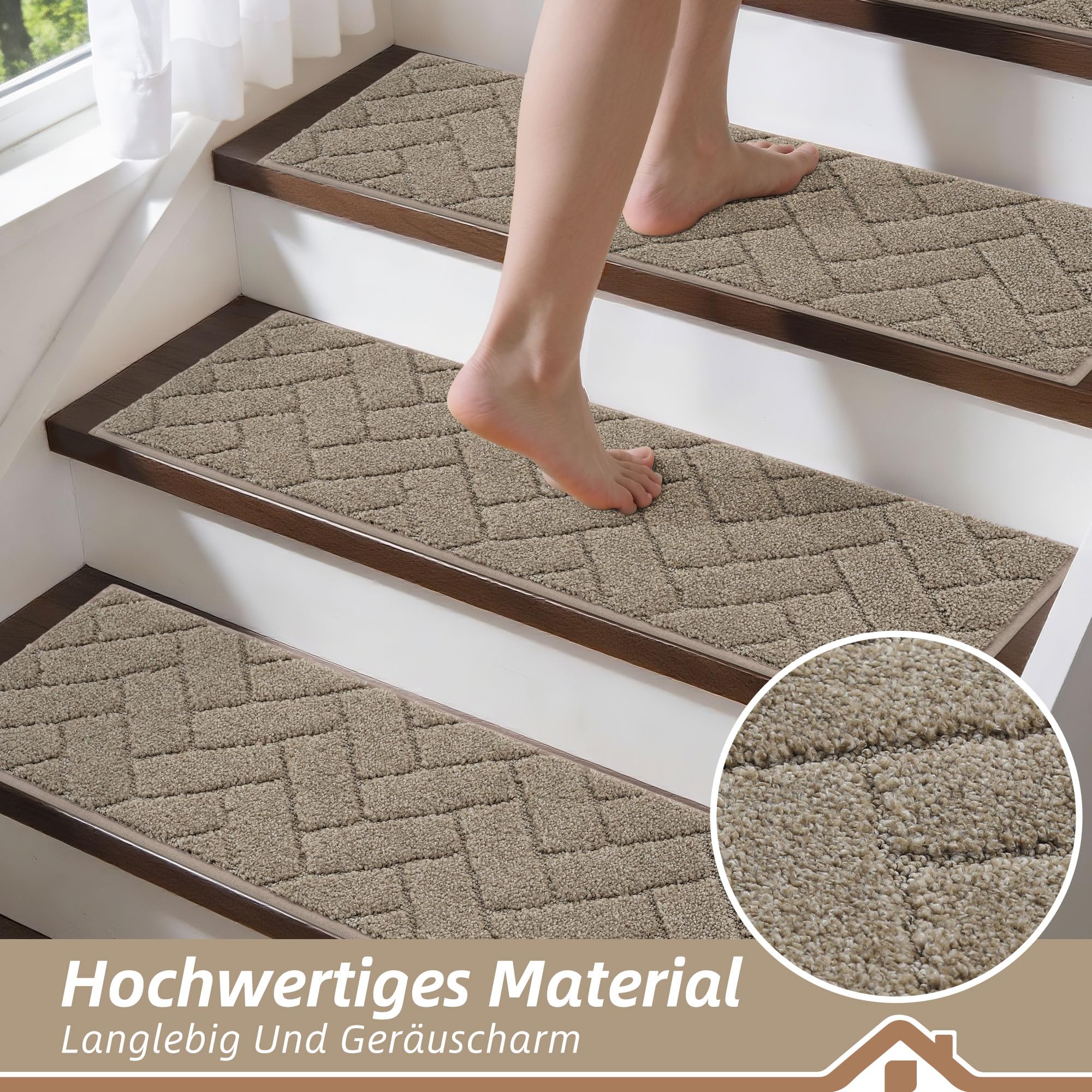 BEQHAUSE Stufenmatten, Anti-Rutsch-Treppenläufer Treppenstufen für hölzerne Schritte Innen Maschine waschbar 22x70cm Treppenstufen mit TPE - Rücken, für Kinder Ältere Haustiere, Beige, 15 Stück