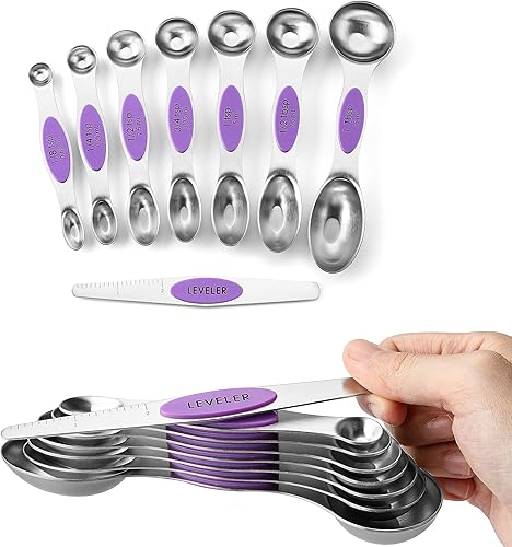 Miniatura 42 de Spring Chef - Juego de 8 cucharas medidoras magnéticas de acero inoxidable con nivelador, cucharadita y cucharada de metal, para hornear y cocinar