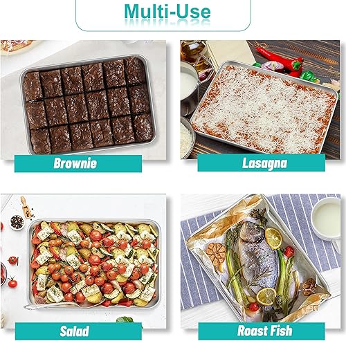 Miniatura 5 de TeamFar Sartén para lasaña, 12.3 x 9.75 x 2 pulgadas, rectangular de acero inoxidable para asar, hornear, saludable y resistente, superficie plateado