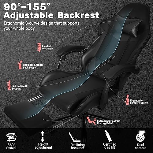 Miniatura 3 de Silla de juegos, silla ergonómica para computadora con reposapiés y soporte lumbar, silla de oficina ajustable en altura con asiento giratorio de