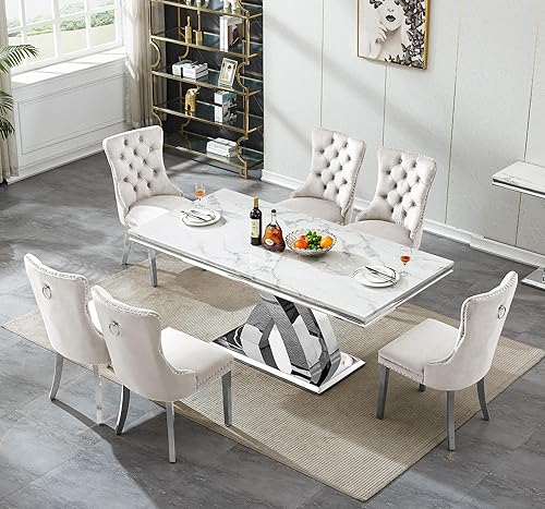 Miniatura 2 de Juego de mesa de comedor de 7 piezas, color blanco y plateado, mesa de cocina moderna de mármol sintético de 68 pulgadas con 6 sillas tapizadas Mesa