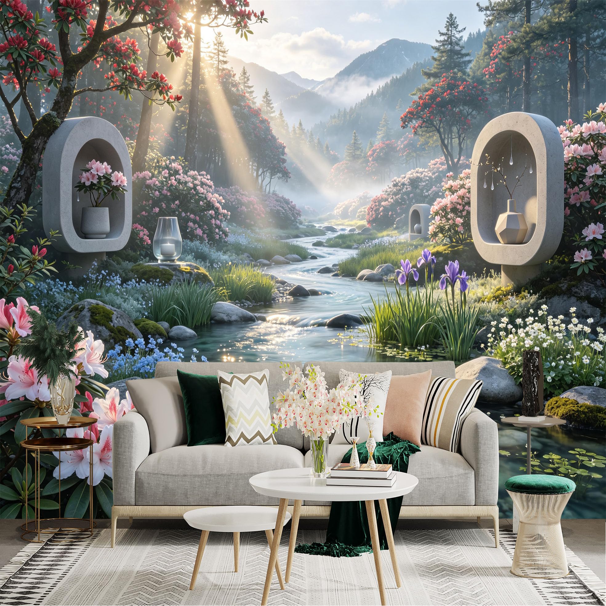 Lnzczhyre Bh260719237 Custom Size Wall Sticker Mural， Serene River Landscape， Blooming Pink Flowers， Zen Garden Decor， Misty Mountain Morning， For Wall Decoration， Peelandstick Wall Decals.