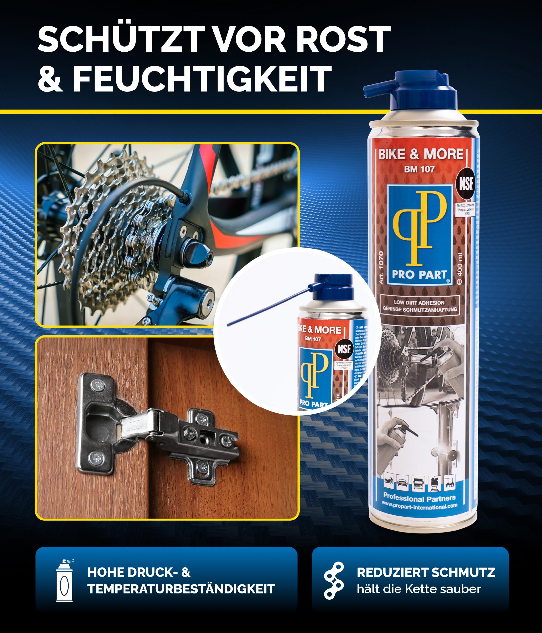 Pro Part® Bike & More BM 107 PTFE Schmierspray 3 x 400 ml – silikonfrei & lösungsmittelfrei – verdrängt Feuchtigkeit, geringe Schmutzanhaftung – Für Fahrradkette, Türschloss, Laufband – PTFE Spray