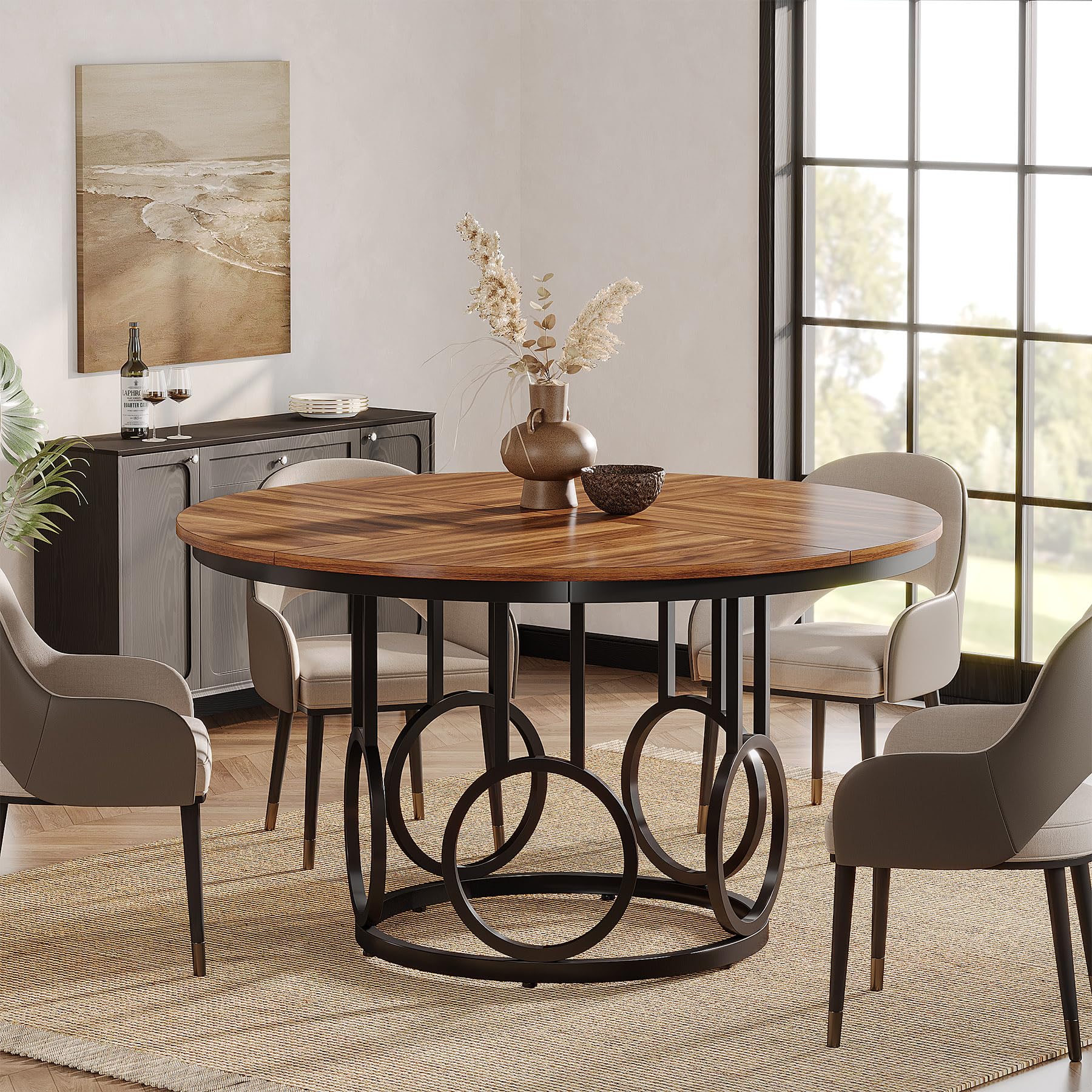 Tribesigns Tavolo da Pranzo Rotondo 119 cm in Legno con Base in Metallo per 4-6 Persone, per Sala, Cucina, Soggiorno
