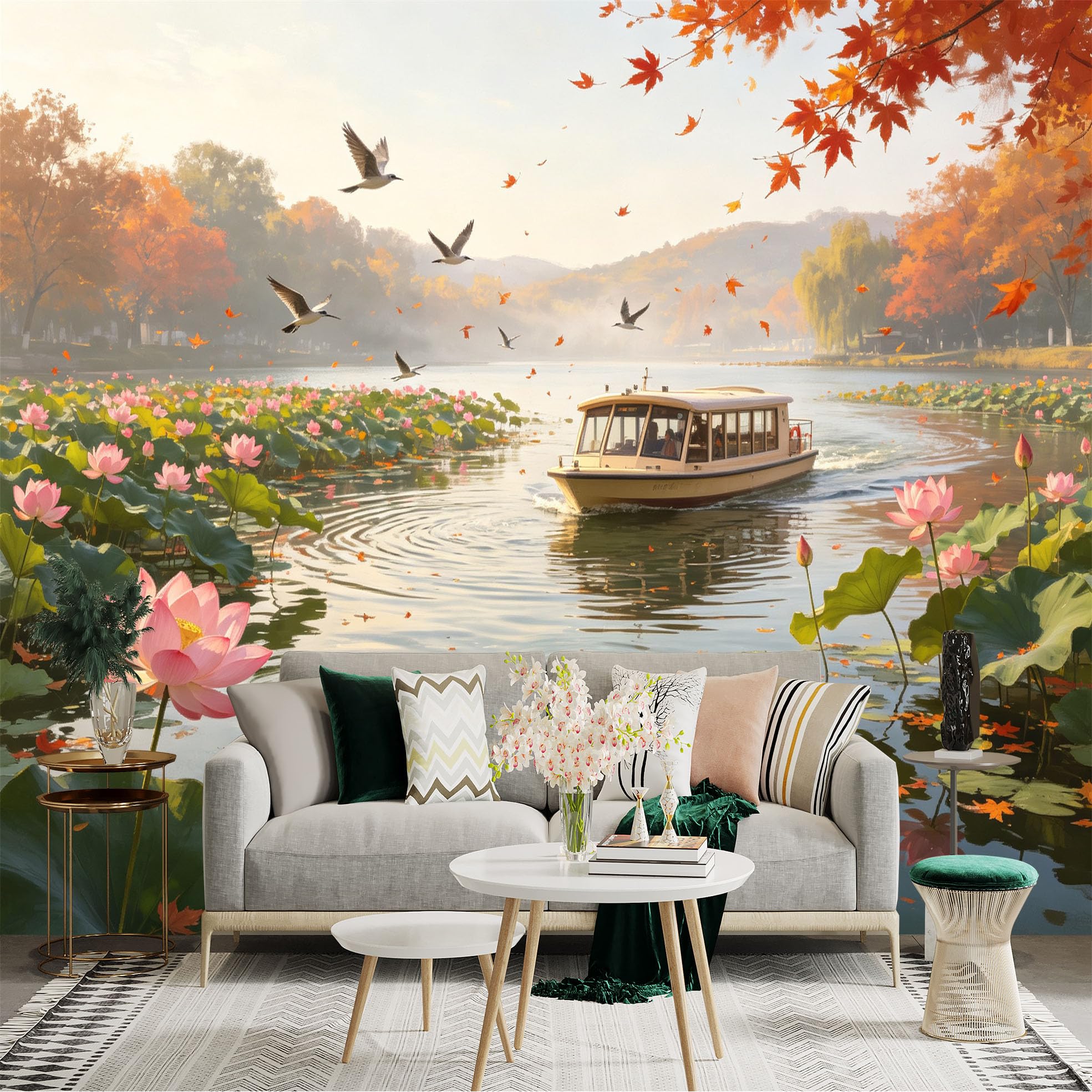 Custom Size Wall Sticker Mural， Autumn Lake with Lotus Flowers， Floating Boat and Flying Birds， for wall Decoration， peelandstick wall Decals.