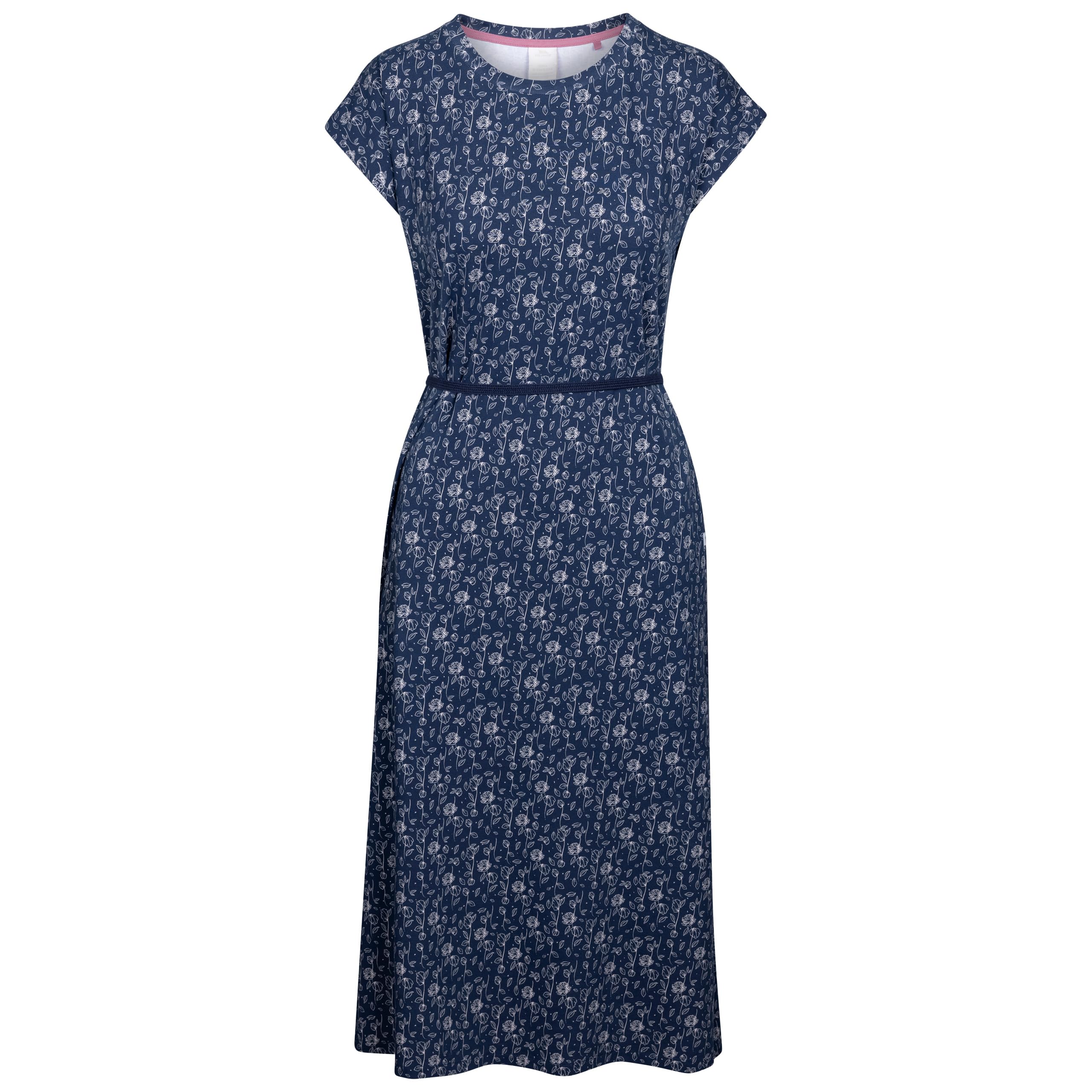 Trespass Women's Navy Print Summer Dress Portia - Cap Sleeves, Round Neckline, Tie Belt At Waist, Side Pockets, Side Slits, 95% Polyester, 5% Elastane