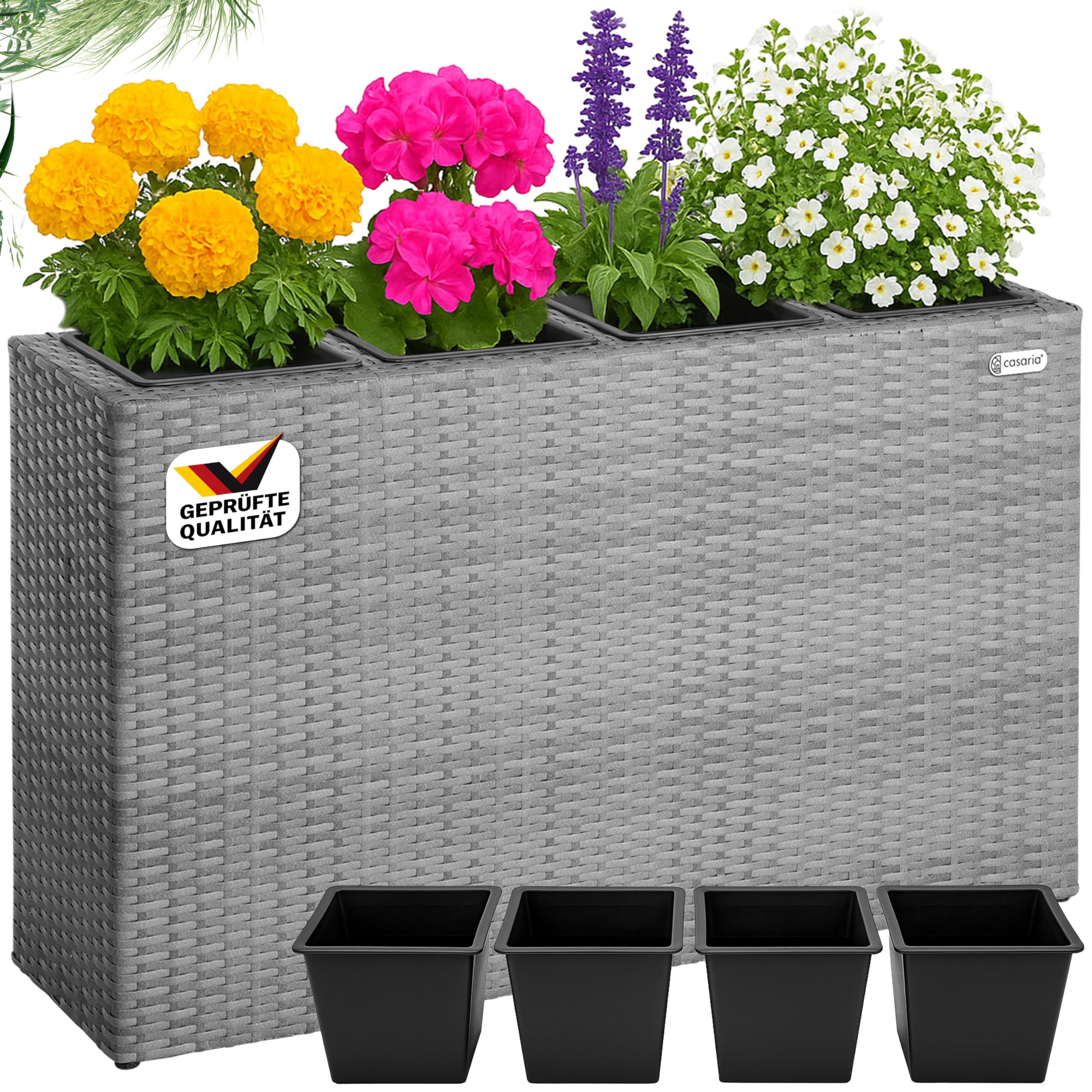 Casaria® Blumenkasten 4 Innentöpfe Polyrattan Herausnehmbar Wasserablauf Outdoor Rechteckig Pflanzkasten Blumentopf Hochbeet Pflanzkübel Grau
