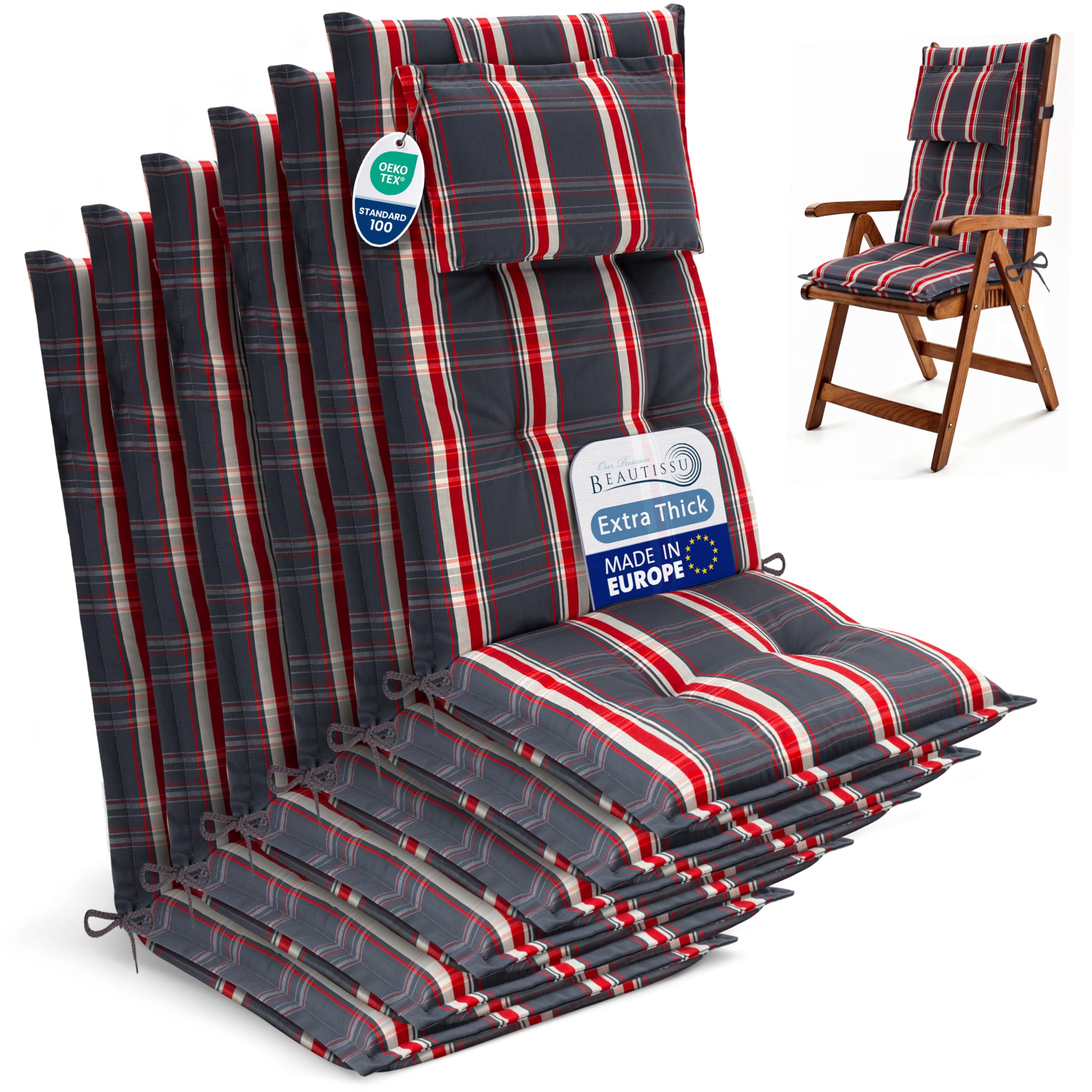 Beautissu 6 Premium High Back Garden Outdoor Chair Cushions 120x50 cm - 7 cm Thick Grey-Red Checkered Seat Cushions for Garden Chairs Rattan - Durable Fabric & UV-lightfastness - HighLux HL