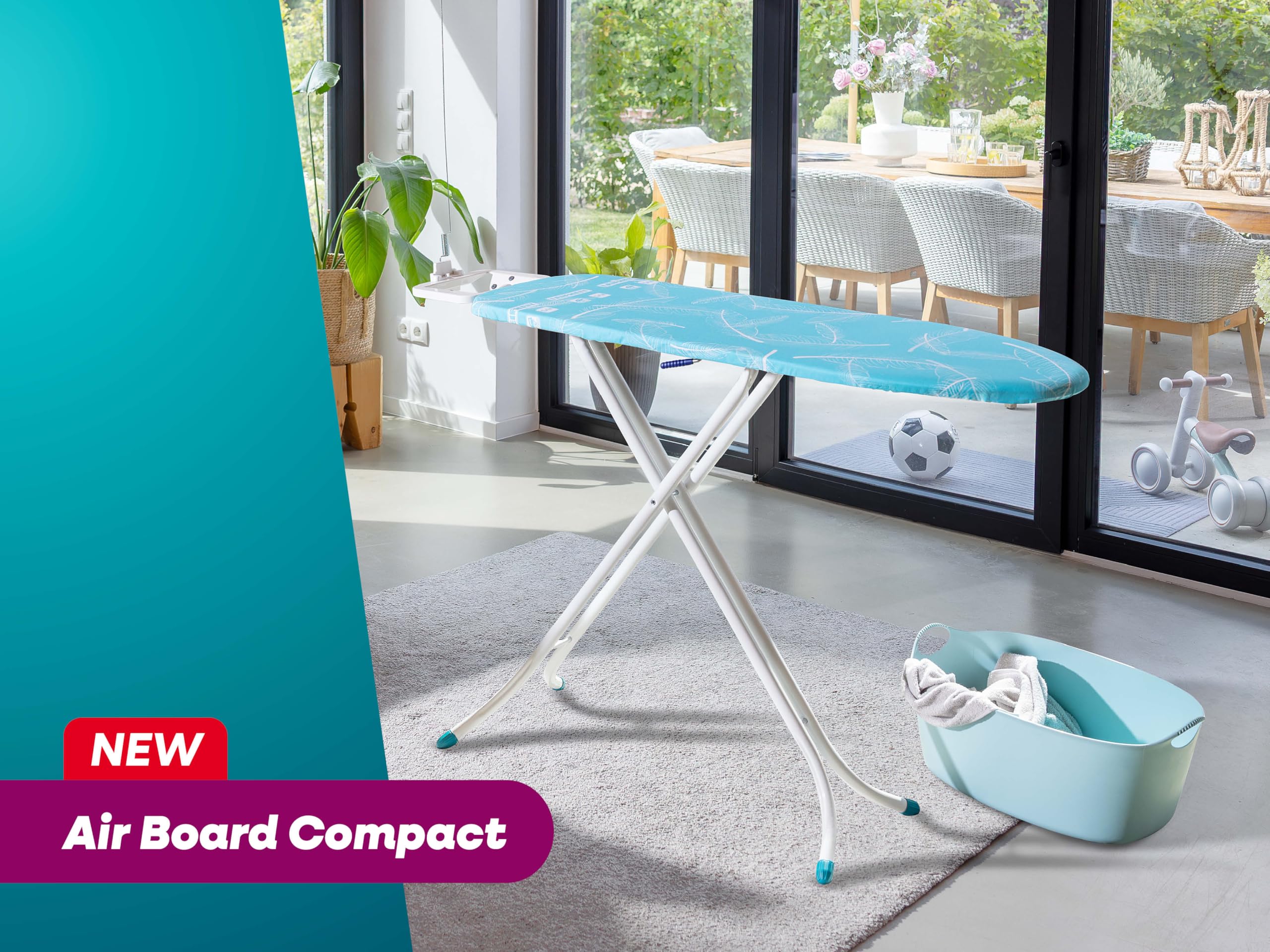 Leifheit Tabla de Planchar Air Board M Compact, Thermo-Reflect | Superficie 120 x 38 cm, altura regulable 78-98 cm, ultraligera, plegable, soporte para plancha y cable integrado