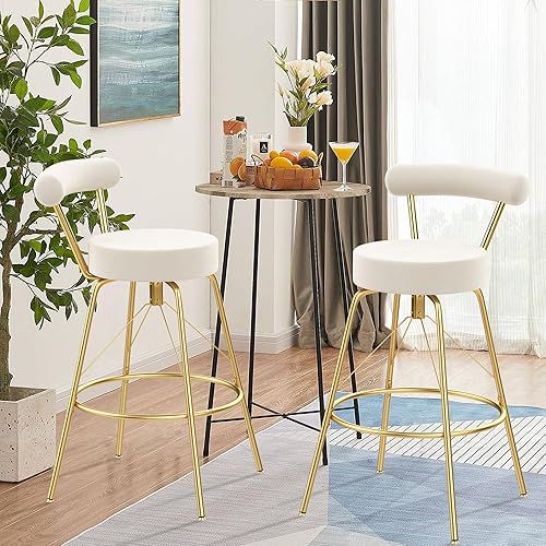 Miniatura 6 de Aklaus Juego de 2 taburetes de bar de Velevt de 26 pulgadas con asiento redondo más grande, taburetes de bar dorados con respaldo, taburetes de bar