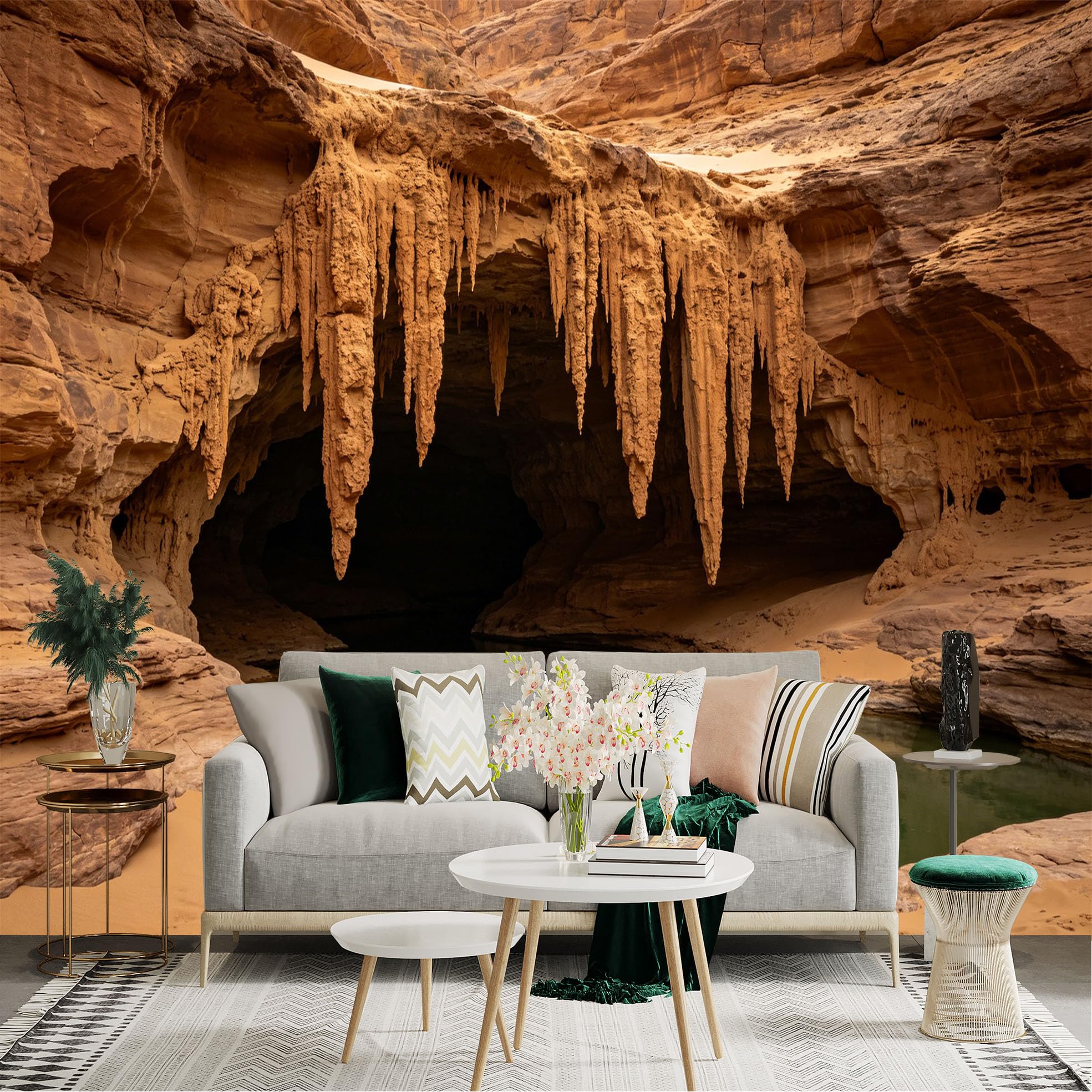 Lnzczhyre Dbh260521804 Custom Size Wall Sticker Mural， Desert Canyon Cave With Emerald Water Pool， Rocky Limestone Formations， Serene Nature Landscape， For Wall Decoration， Peelandstick Wall Decals.