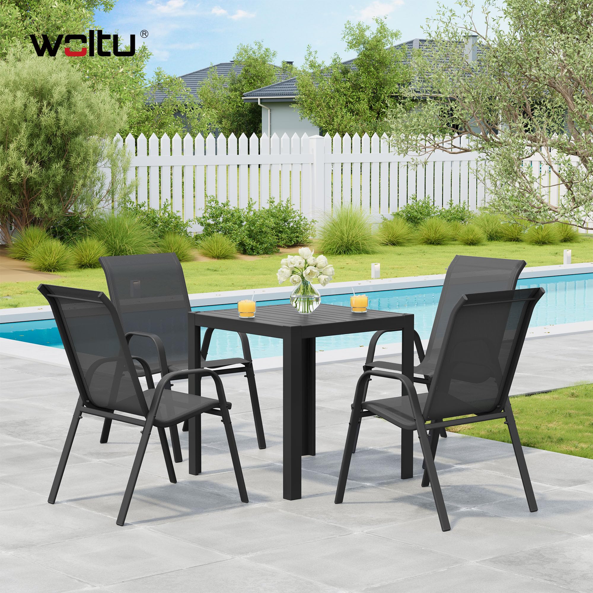 WOLTU Sillas de Jardín, Juego de 4 Sillones Apilables de Exterior, Respaldo Transpirable, Sillas para Terraza Patio Balcón, Estructura de Metal, Gris Oscuro