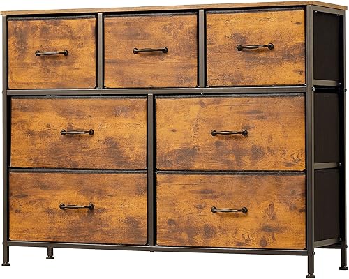 LunarLight Cómoda de 7 cajones, organizador alto de almacenamiento con parte superior de madera, soporte de TV, organizador de armario, cómoda