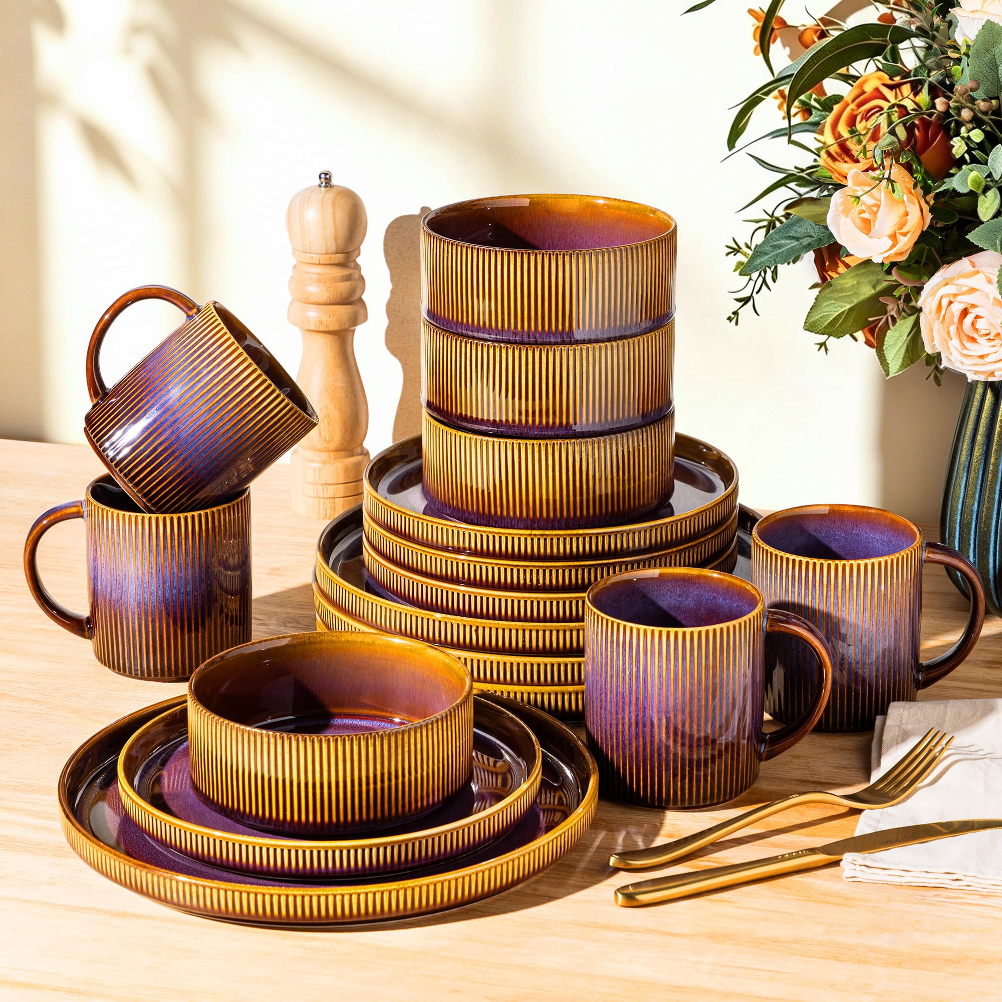 TheTerra Ceramic Dinnerware Set for 4, 16-Piece Plates and Bowls Set