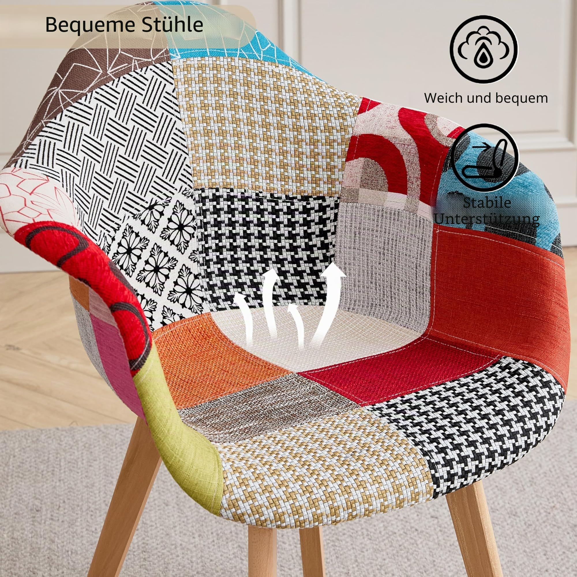 GrandCA HOME 2er-Set Esszimmerstühle mit Armlehne, Vintage-Küchenstühle, Sessel, Massivholzbeine und Patchwork-Stoffsitz, für Schlafzimmer, Wohnzimmer, Esszimmer und Küche, Rot