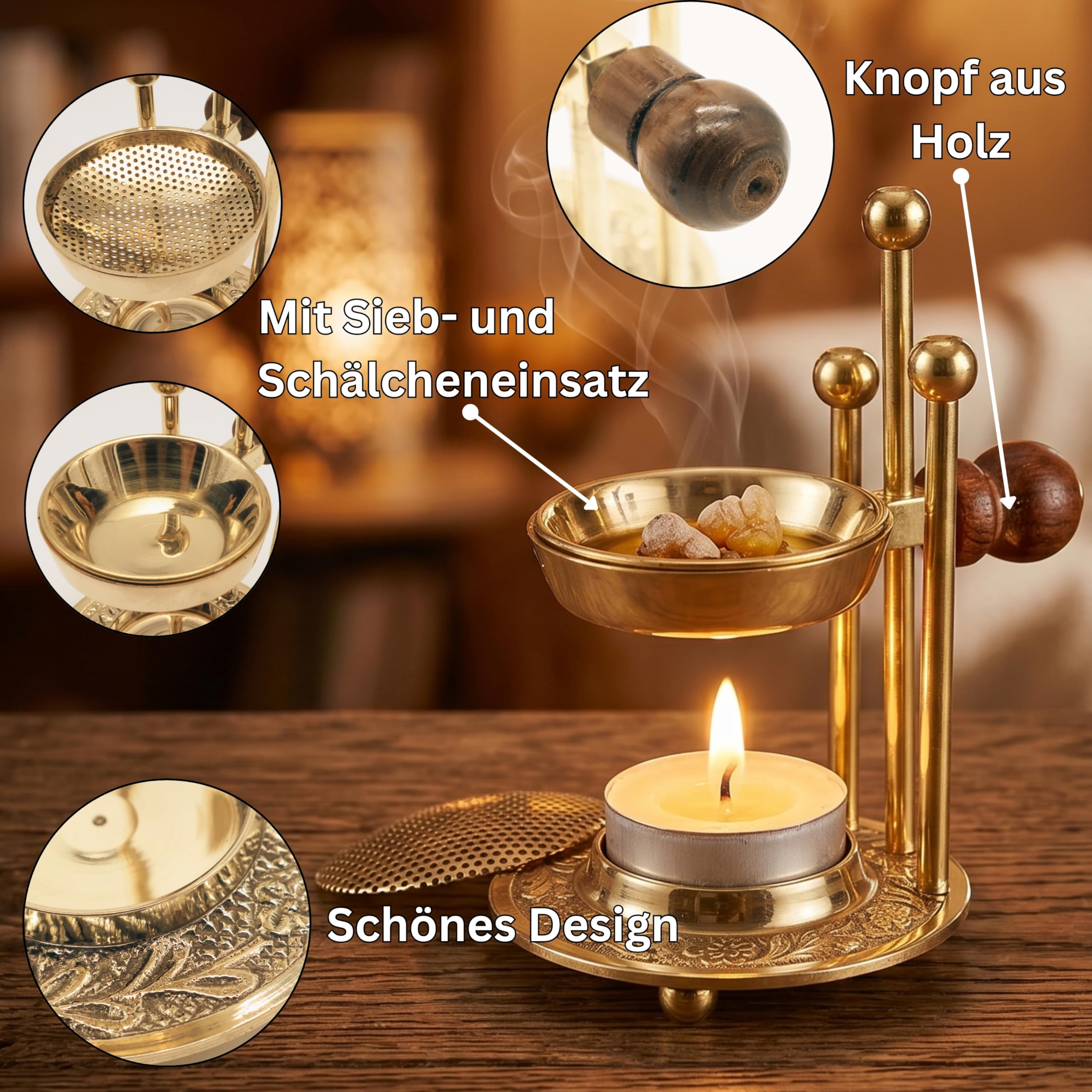 SonKo Weihrauchbrenner Räucherstövchen mit Sieb zum Räuchern und Meditation - spirituelle Geschenke zum Räuchern von weißer Salbei, Weihrauch, Boswellia (Brenner-Set)