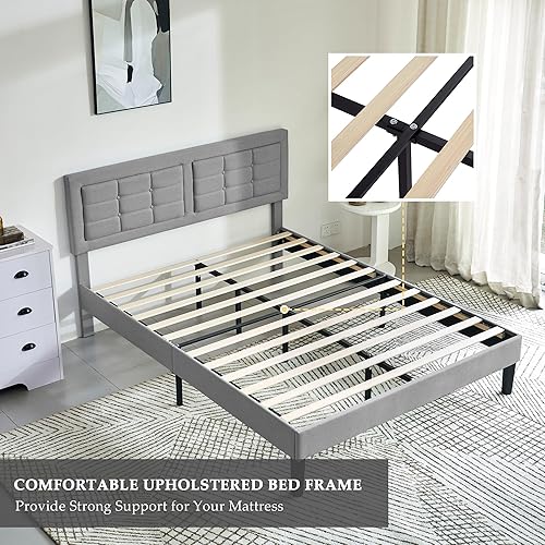 Miniatura 6 de VECELO Base de cama de tamaño matrimonial con cabecera ajustable, base de cama tapizada con botones y soporte de listones de madera, no necesita