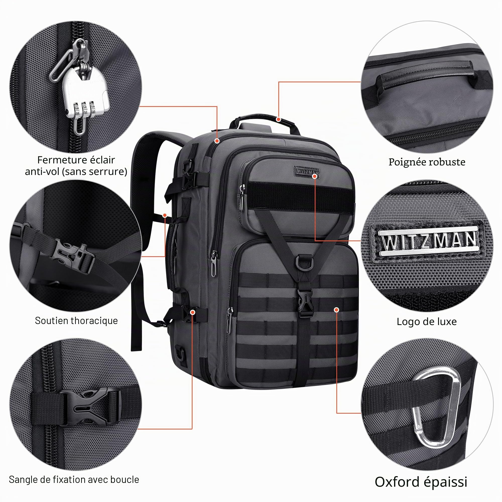 WITZMAN Sac à Dos de Voyage Homme 45L Convertible 3-en-1 PC 17 Pouces
