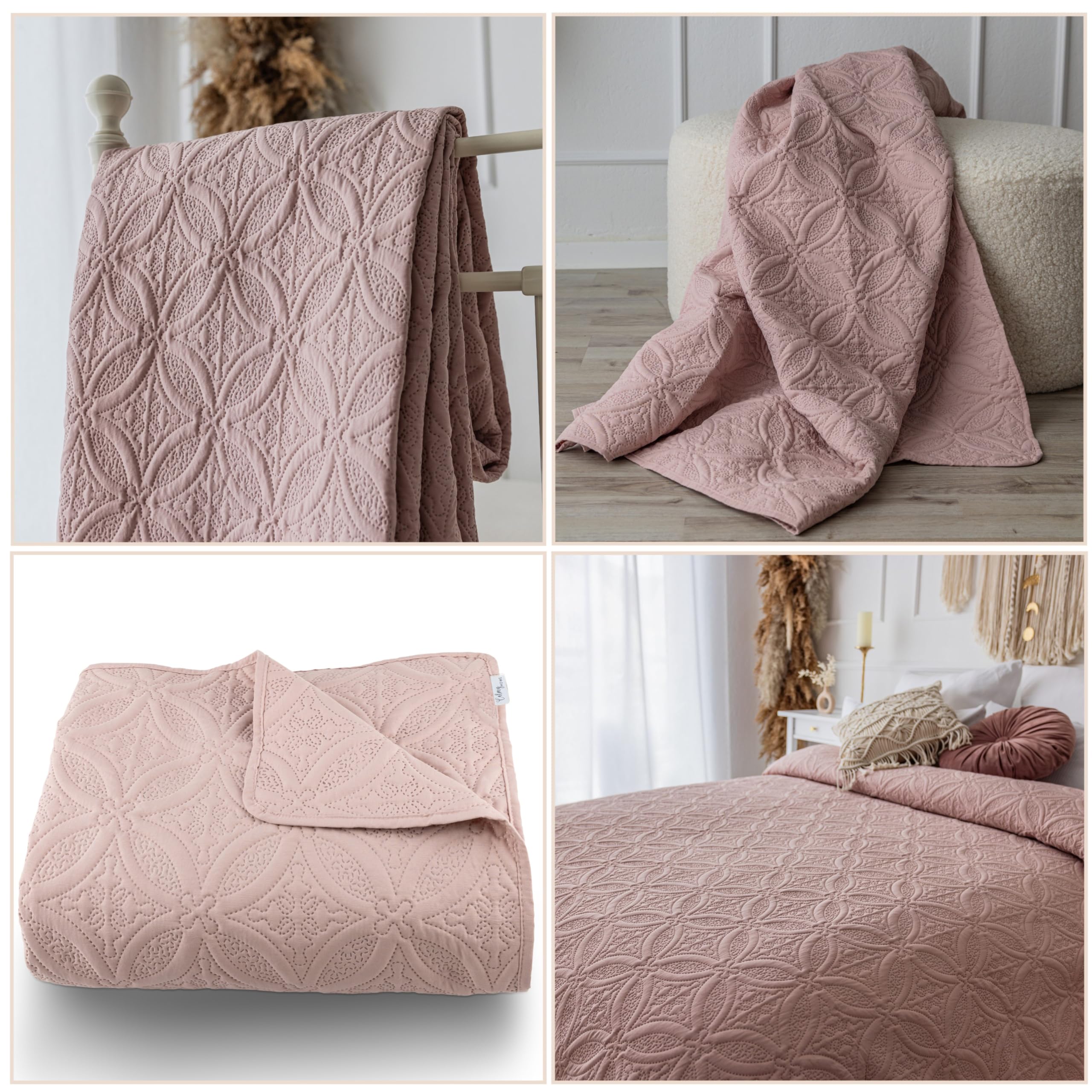 Tagesdecke Bett Bettüberwurf Überwurf Ornamente 220x240cm Sofaüberwurf Steppdecke Sofa Decke Überwurfdecke Tages Decken Betthusse XXL Überdecke Gesteppte Tagesdecken (Altrosa)