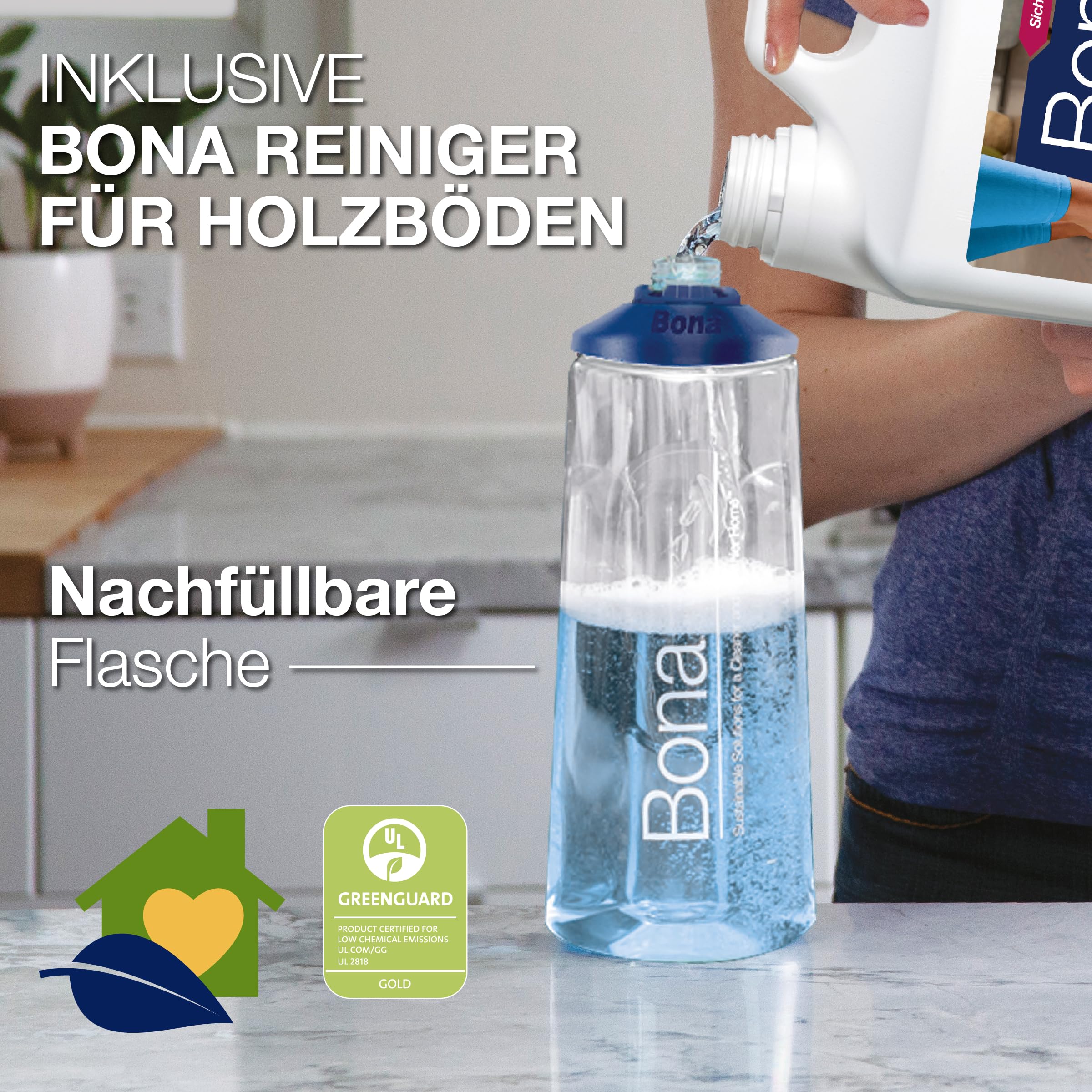 Bona Wischmopp, Bodenwischer mit Sprühfunktion, Premium Spray Mop Wischer | Parkettreiniger mit nachfüllbarem Tank für Parkett und Holzböden, Sprühwischer Bodenwischer, 2 waschbare Mikrofaser Pads