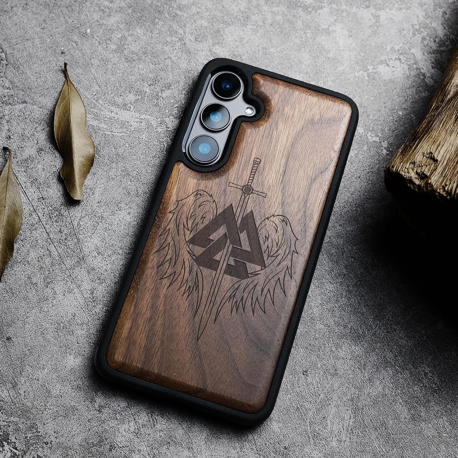 Carveit Wood Case for Galaxy S24 Plus Case [Natural Wood & Black Soft TPU] Shockproof Protective Cover Unique Wooden Design Compatible with S24 Plus (Valknut and Sword-Walnut)