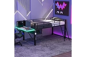Twin Size Gaming Loft Bed with Desk, LED and Staircase
