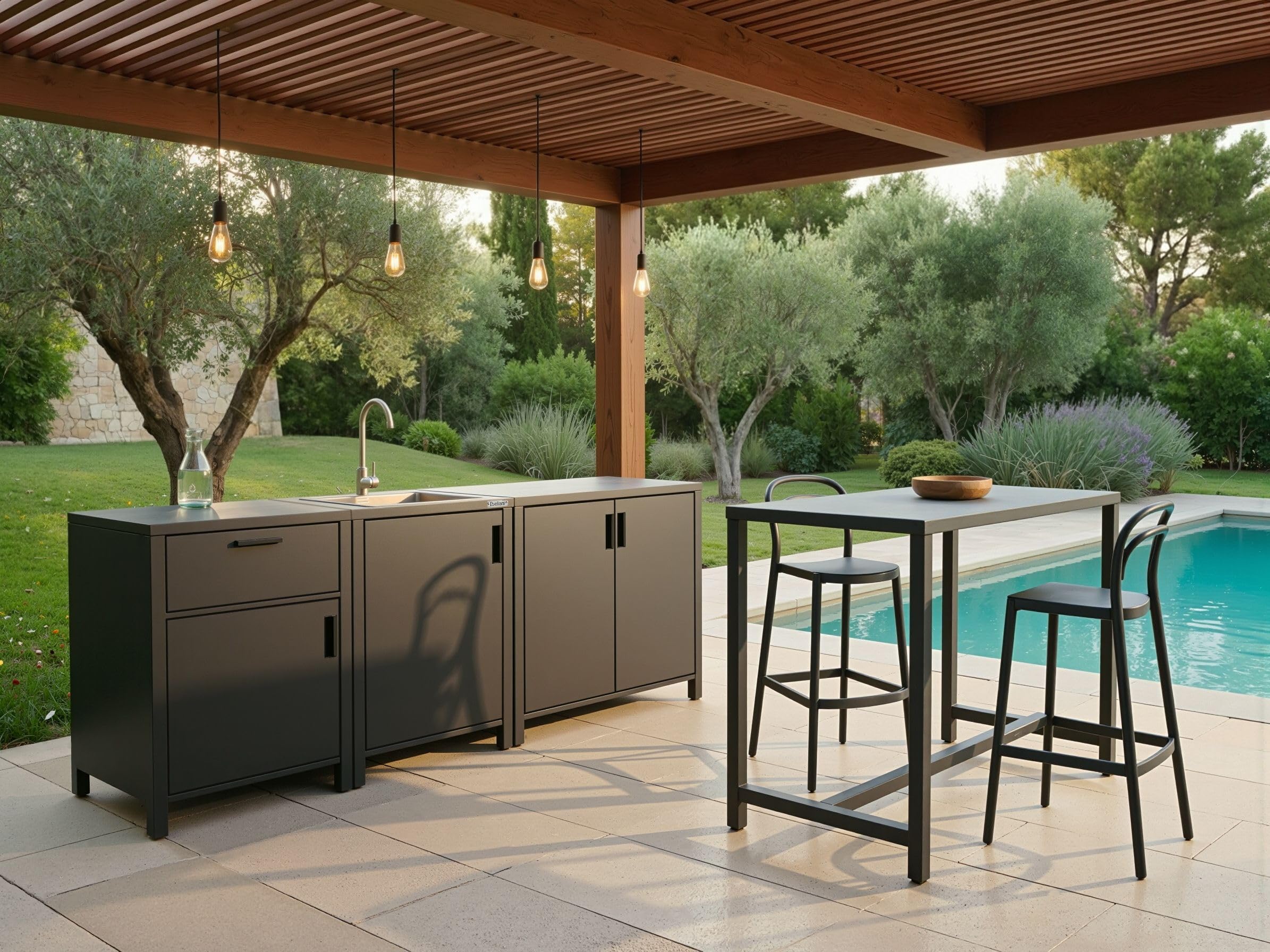 Beliani Conjunto de Cocina de Exterior de Metal Armario de Aluminio con Recubrimiento en Polvo con Fregadero 305 x 60 x 90 cm Gris Grafito Rocha