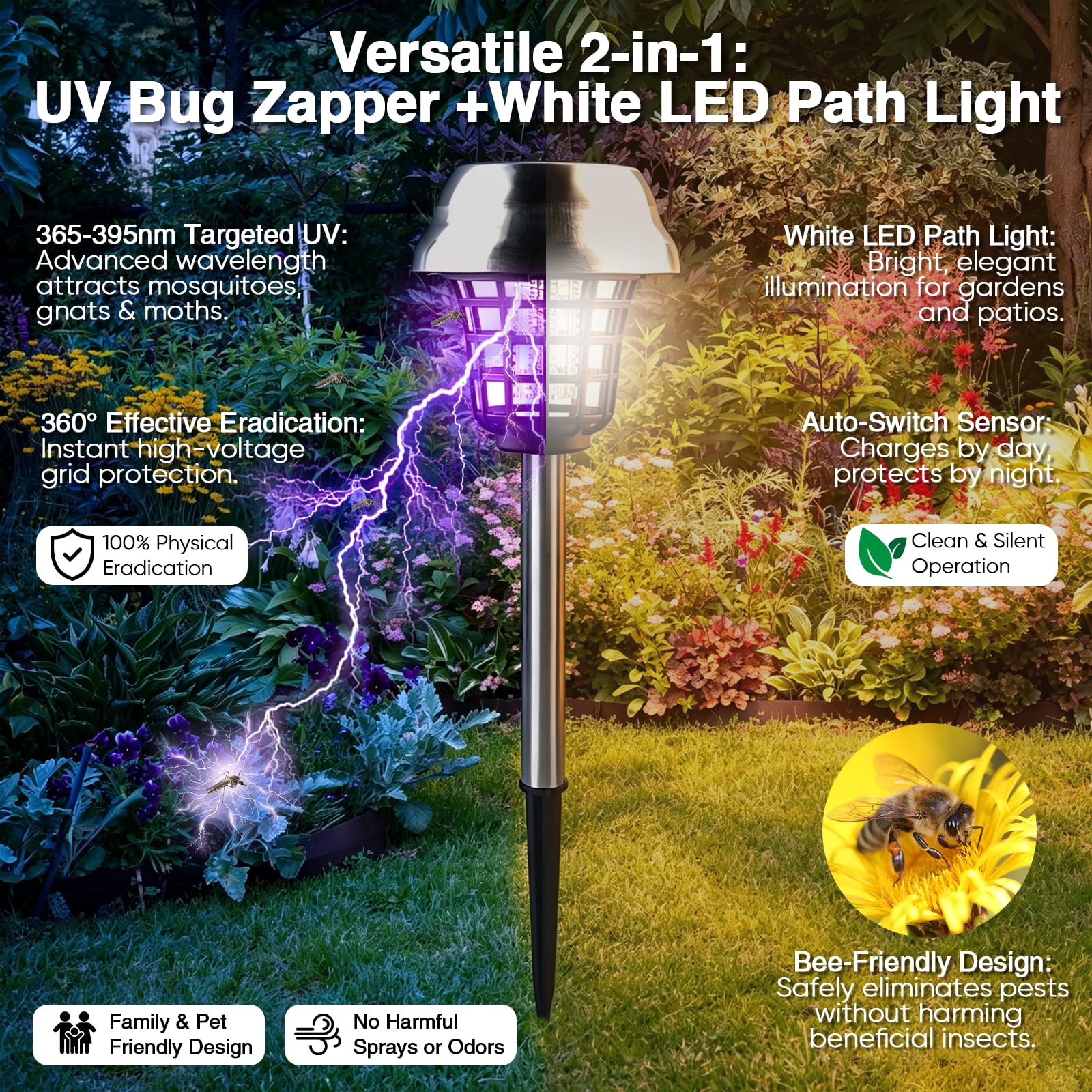 4pcs Anti Zanzara Solare, Lampada Anti Zanzara Elettrica con Illuminazione LED Lampada UV Contro Zanzare Mosche IP65,per la casa, giardino, cortile, campeggio (4 pezzi)