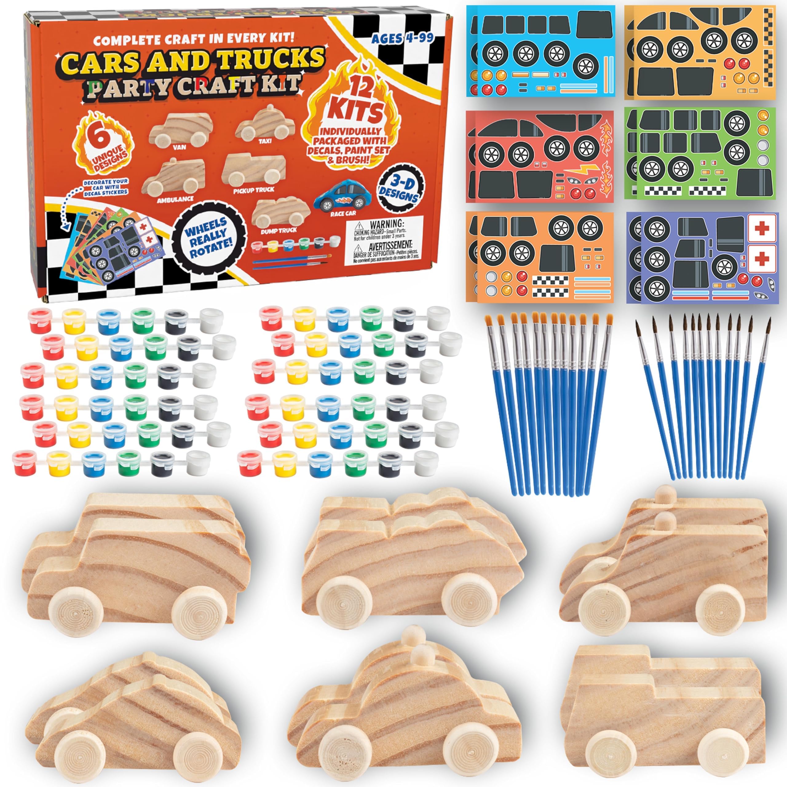 Kit de peinture sur bois pour enfants (12 carats) Voitures 3D – Chaque kit a son propre pinceau, peinture et figurine – 6 motifs incluent taxi, camions et plus avec autocollants personnalisables en