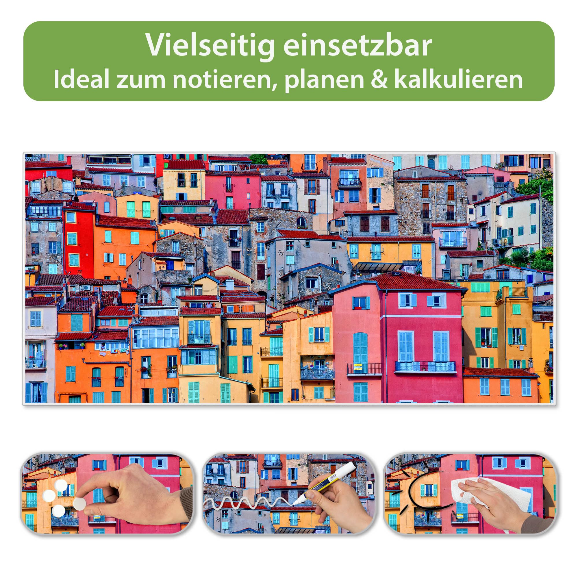 banjado Magnettafel Metall 78 x 37cm - beschreibbare Magnettafel - Metall Pinnwand als Memoboard - Magnetwand Küche, Büro, Kinderzimmer Weiß inkl. 4 Magnete & Montageset - Motiv Häuserberg