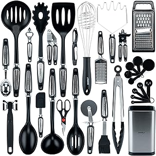 Silicone Kitchen Utensils Set & Holder: Cooking Utensils Set - Kitchen Essentials for New Home & 1st Apartment- Silicone Spatula Set, Cooking Spoons for Nonstick Cookware (Stainless Steel, Black)
