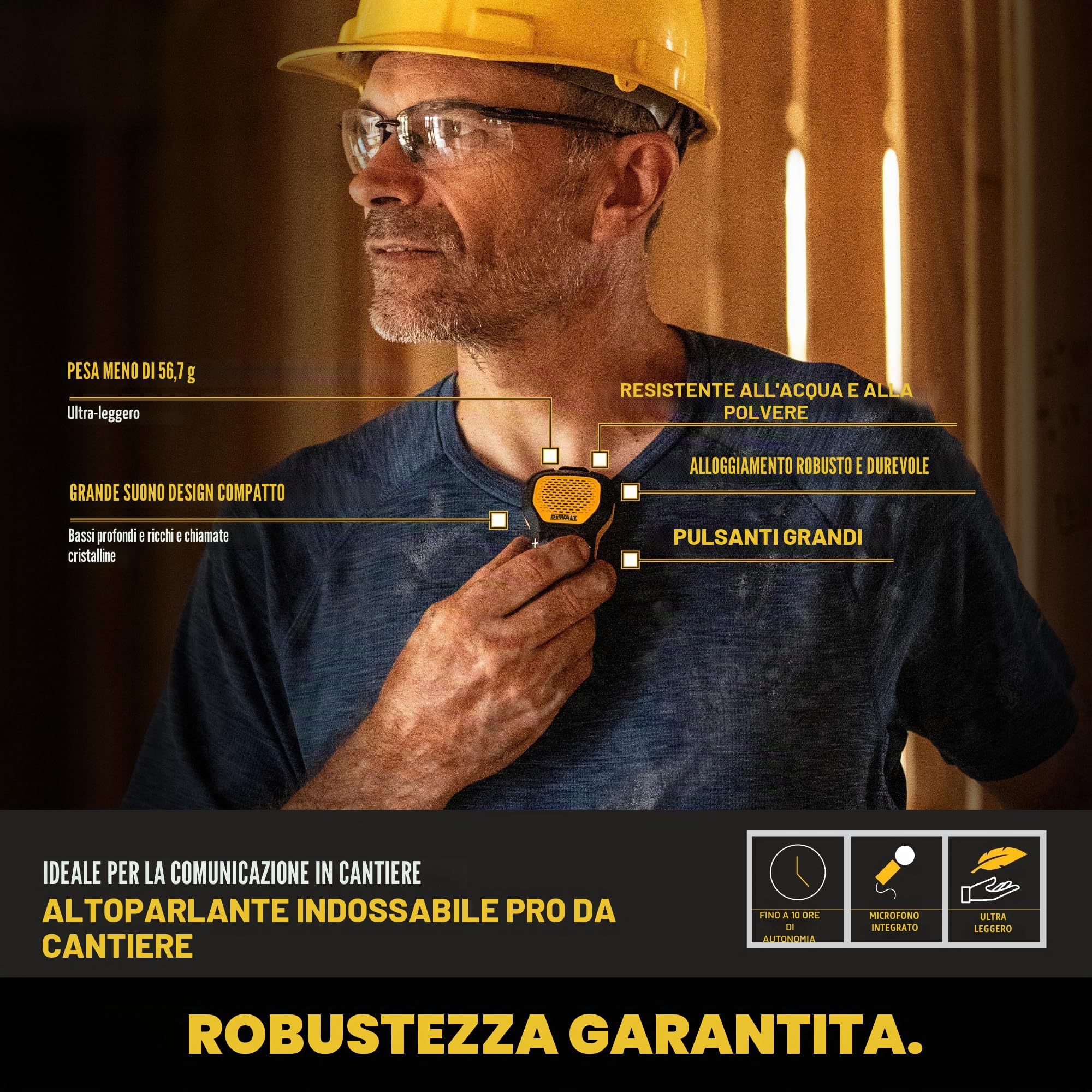 DEWALT Altoparlante Bluetooth indossabile (versione aggiornata), altoparlante portatile impermeabile senza fili, con clip, microfono integrato per musica/chiamate in vivavoce, altoparlante Bluetooth
