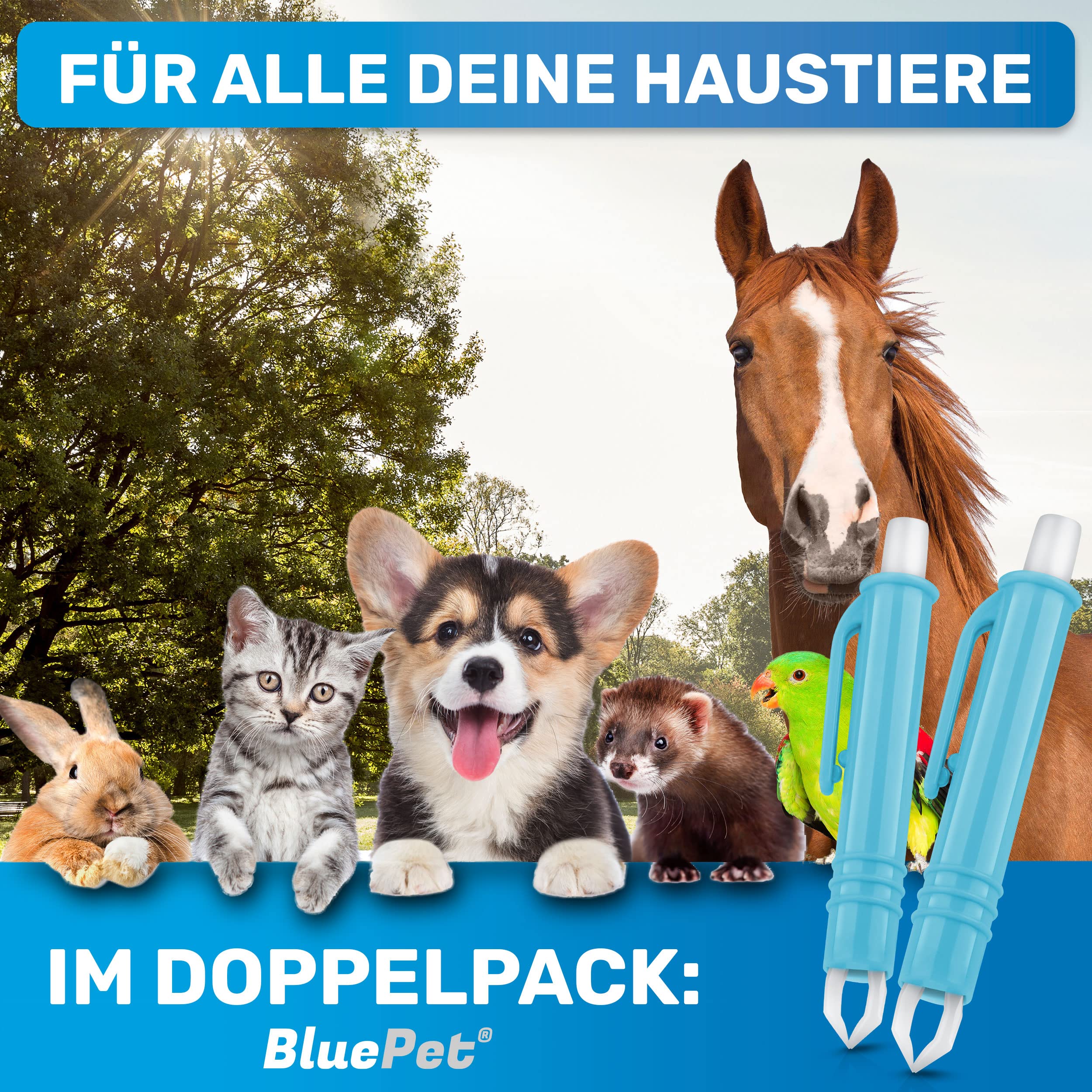 BluePet 3X Automatische Zeckenzange als Zuverlässige Zeckenpinzette Für Hunde, Katzen, Pferde & Menschen I Perfekter zeckenentferner für jedes Zeckennotfallset