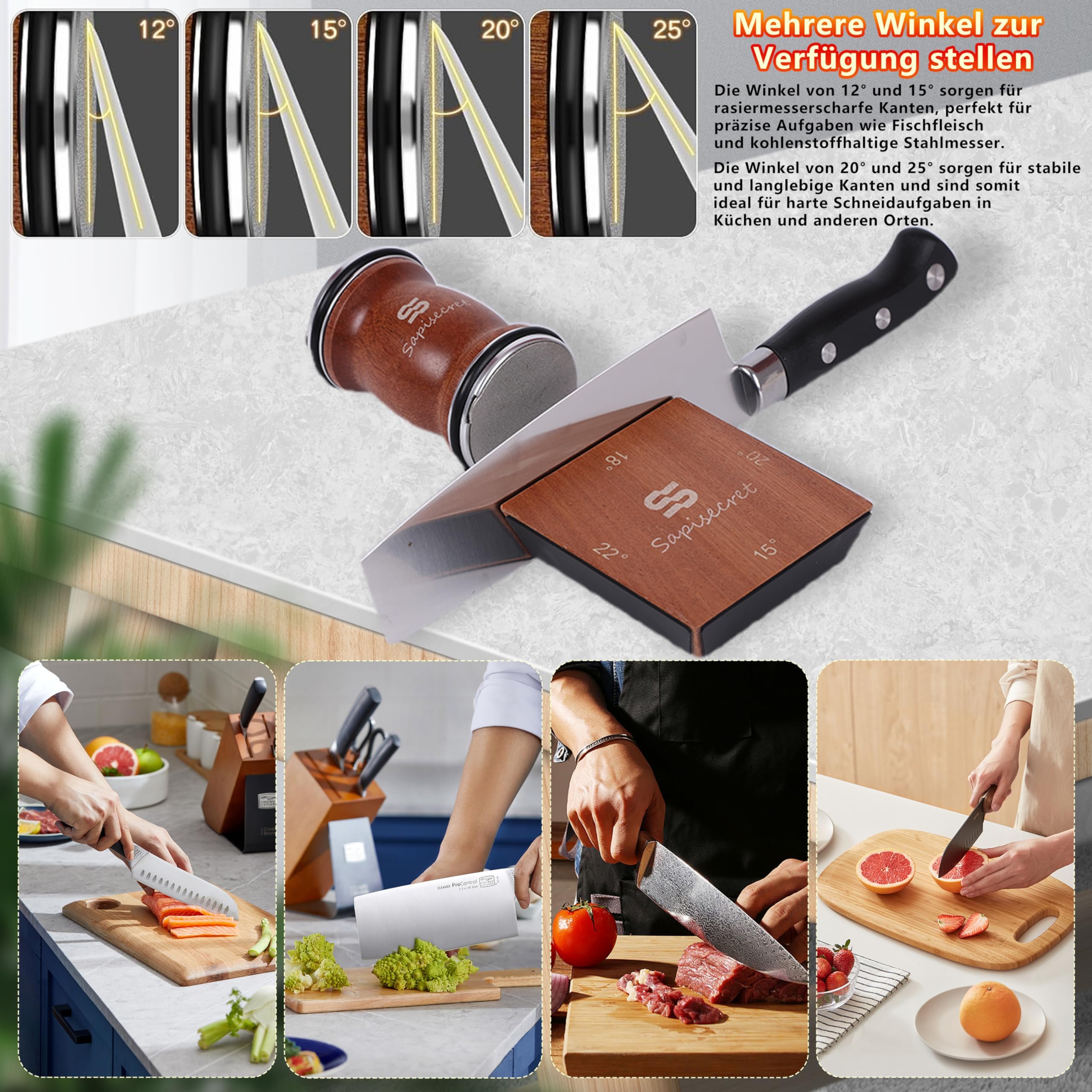 Rollschleifer Messerschärfer – Manueller Schnellschärfer für kleine Messer, Küchenmesser Set, Sapele Holz, 12°/15°/20°/25° Winkel, austauschbare Schleifscheiben 400/1000 – Sapisecret