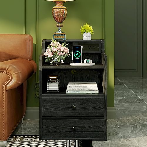 Miniatura 2 de LIKIMIO Mesita de noche negra con estación de carga LED, 2 cajones y estantes de almacenamiento, enchufes intercambiables izquierdo y derecho, mesa