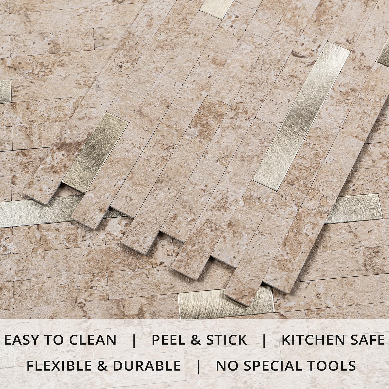 StyloVue 20 hojas para despegar y pegar contra salpicaduras para cocina, travertino clásico mejorado 2026 beige con detalles de metal dorado, azulejo adhesivo para salpicaduras de cocina, caravana