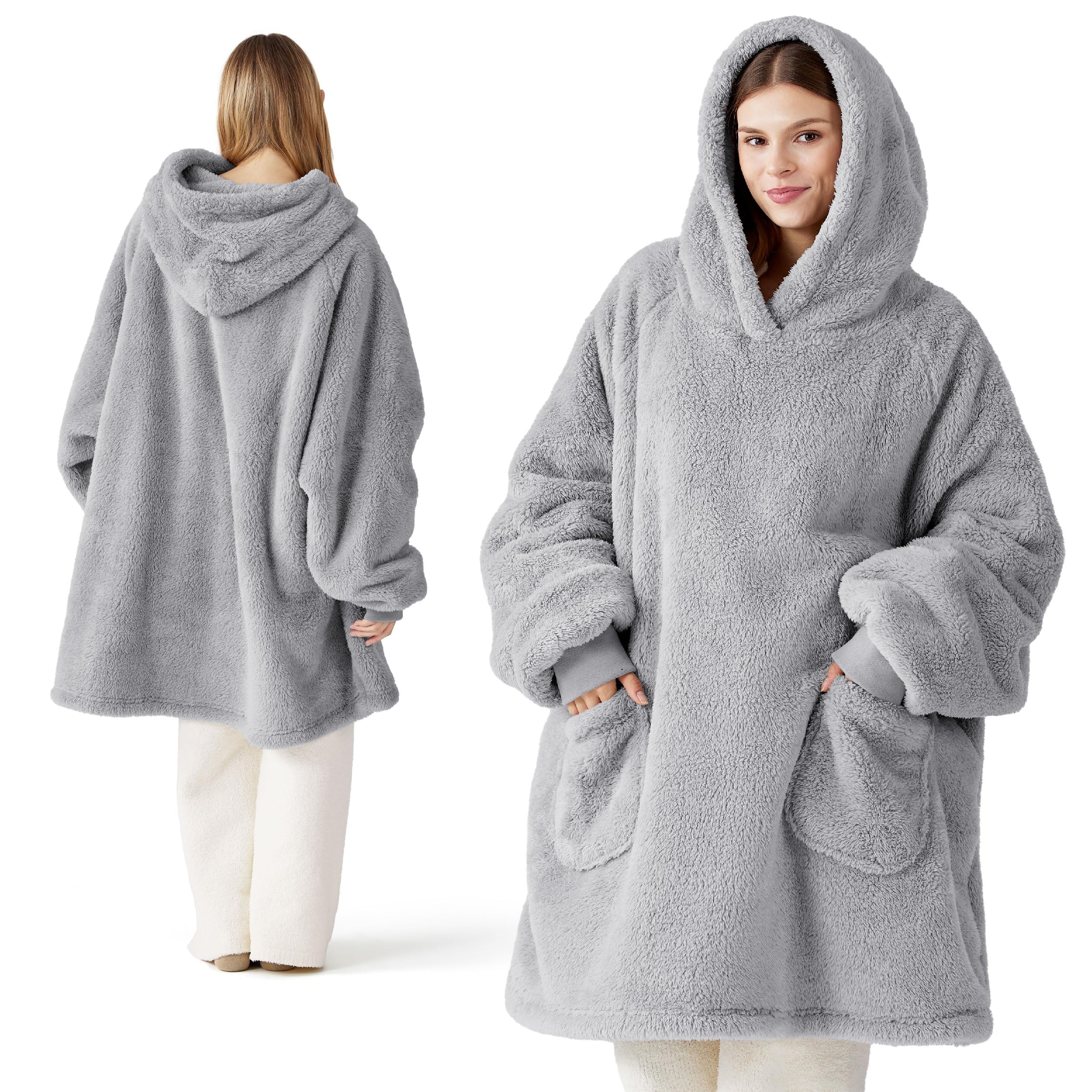 Bedsure Wearable Blanket Hoodies, Christmas Gifts for Women, Wife, Girlfriend, Warm Cozy Birthday Gifts for Her, Wife, Soft Fluffy Sweatshirt, Oversized Hooded Blankets With Sleeves, Grey