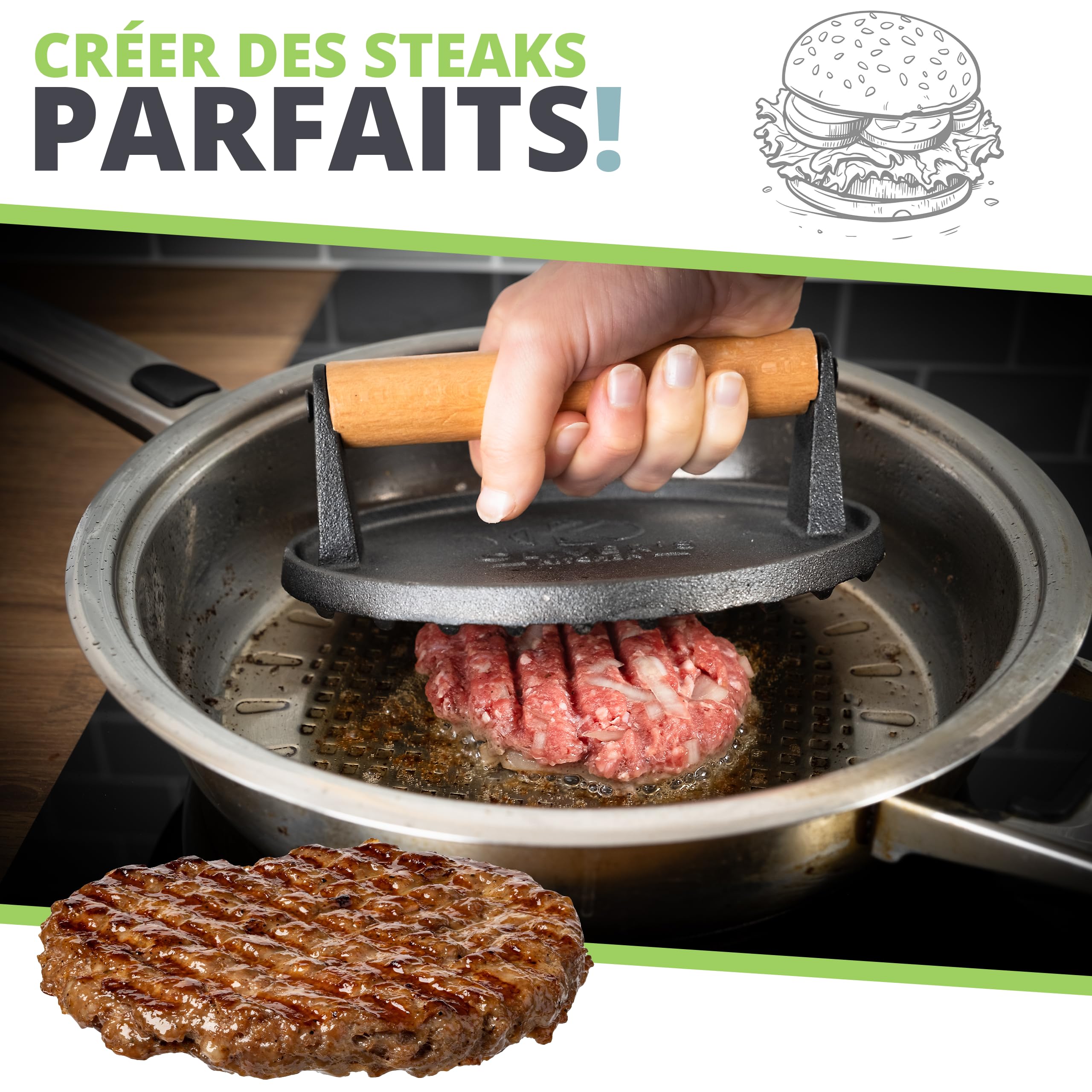 Oliver's Kitchen ® Presse Burger - Moule Steak Haché Premium, Robuste, en Fonte pour Écraser les Burgers Facilement - Poignée Confortable et Base Antiadhésive pour les Chefs Barbecue et Grillades