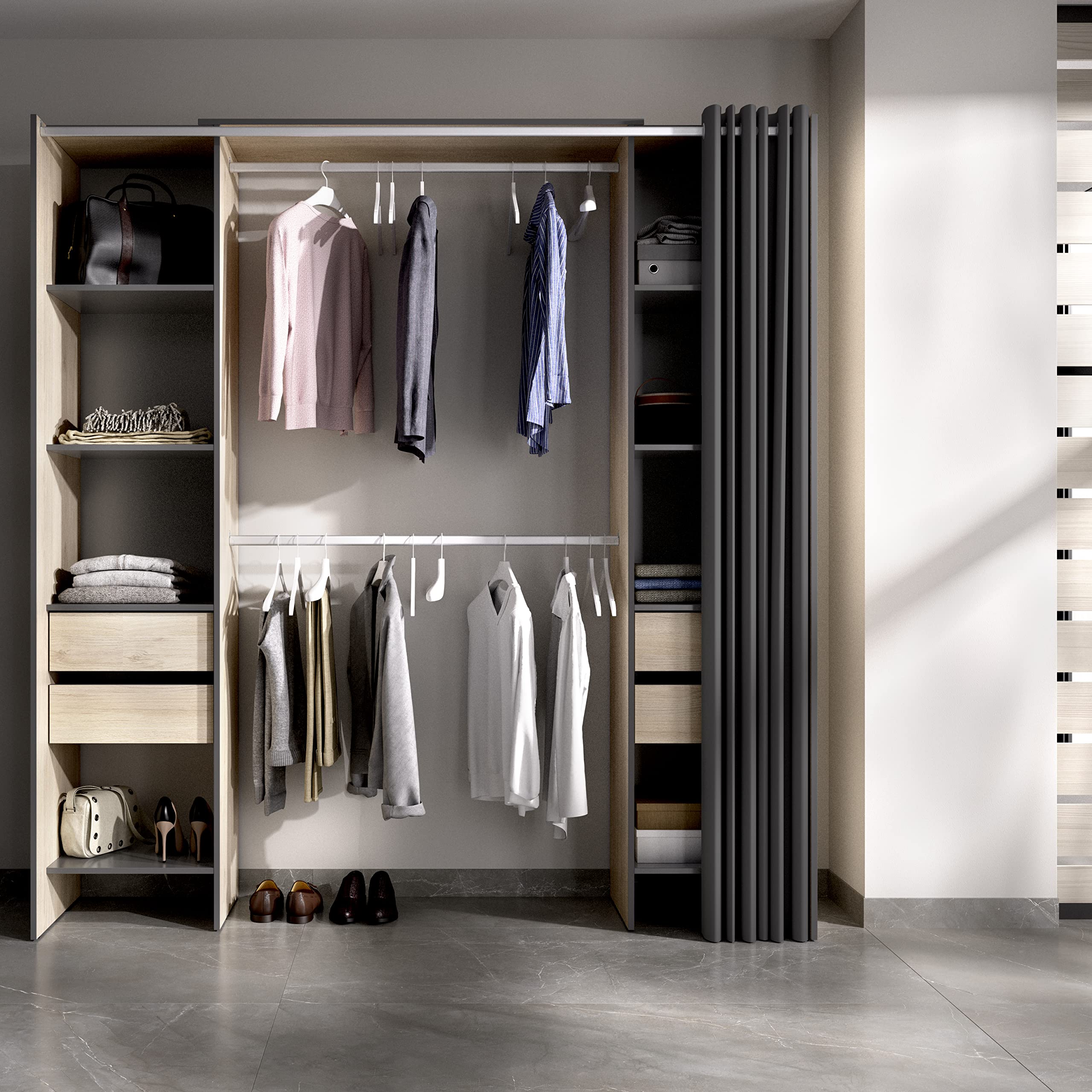 DEKIT GRUPO RIMOBEL SUIT - Vestidor con estantes y curato cajones con cortina - Natural / Grafito - 205 X 50 X 177,5 cm
