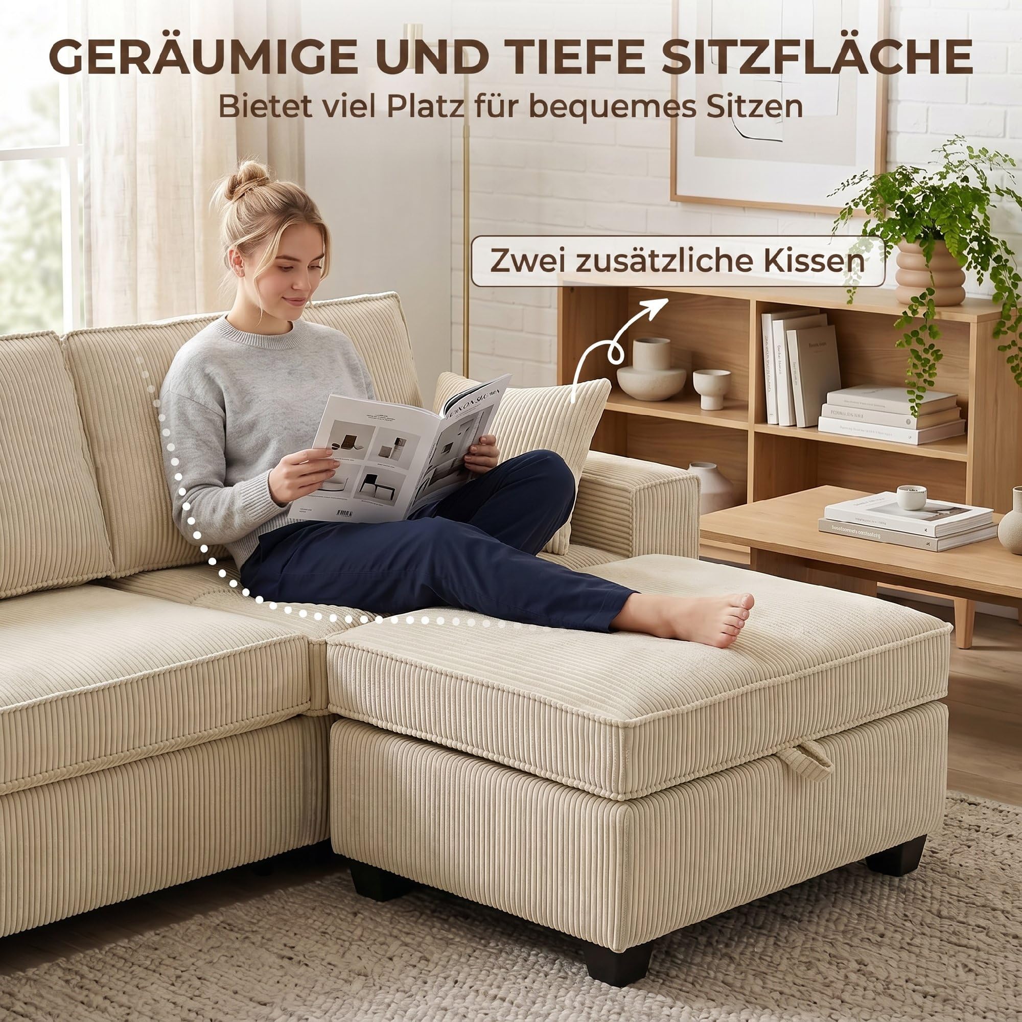 HOMCOM Ecksofa 216 cm L-Form mit Umkehrbarem Aufbewahrungshocker Beige