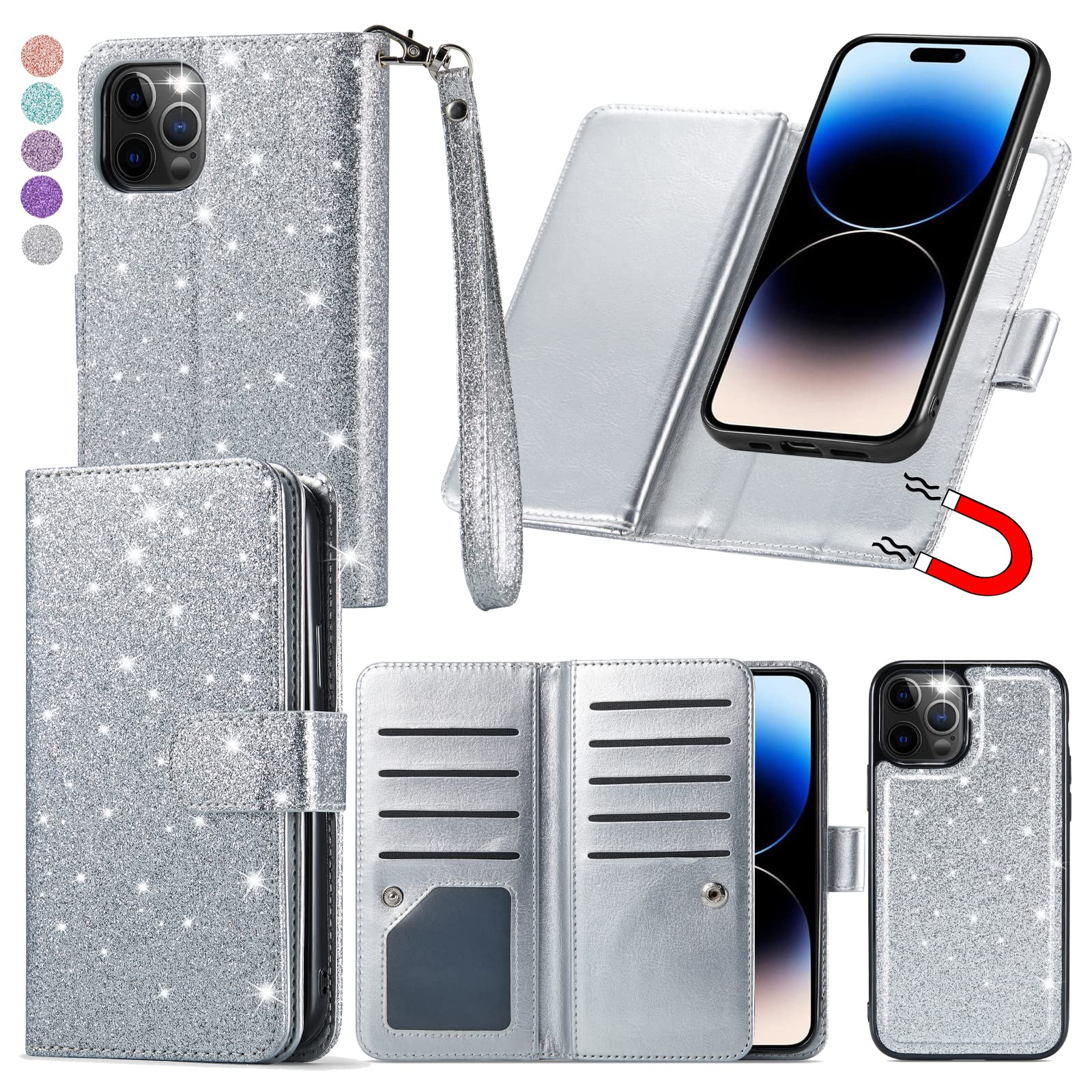 Varikke for iPhone 14 Pro Wallet Case, Detachable Magnetic Wallet Flip Cases with Card Holder & Kickstand & Wrist Strap Fits iPhone 14 Pro 6.1" Phone Cover for Women Men Glitter PU Leather, Silver