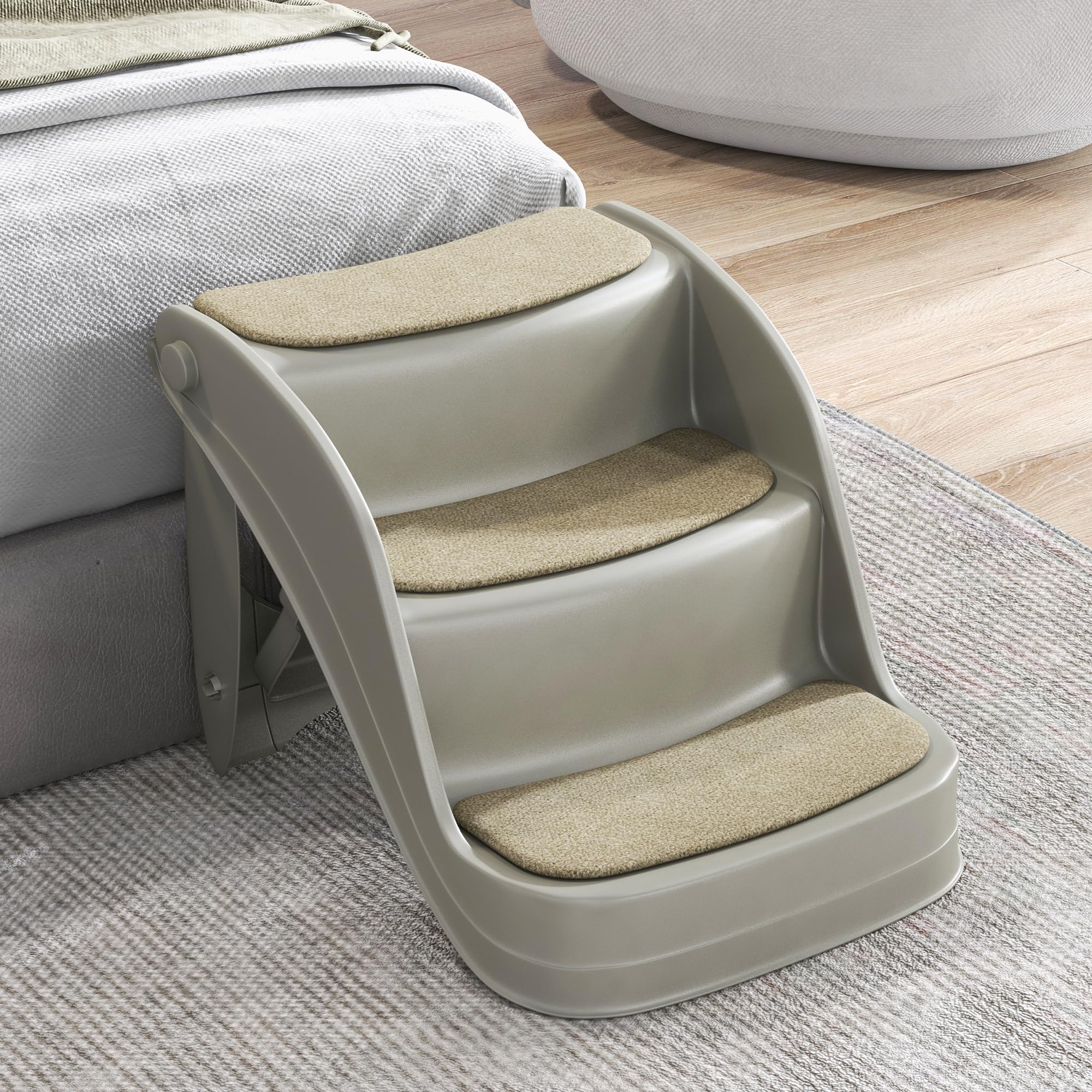 PawHut Escalera para Perros Pequeños Plegable de 3 Peldaños, Escalones para Mascotas con Alfombras Antideslizantes, Rampa para Perros para Cama, Sofá, Gris