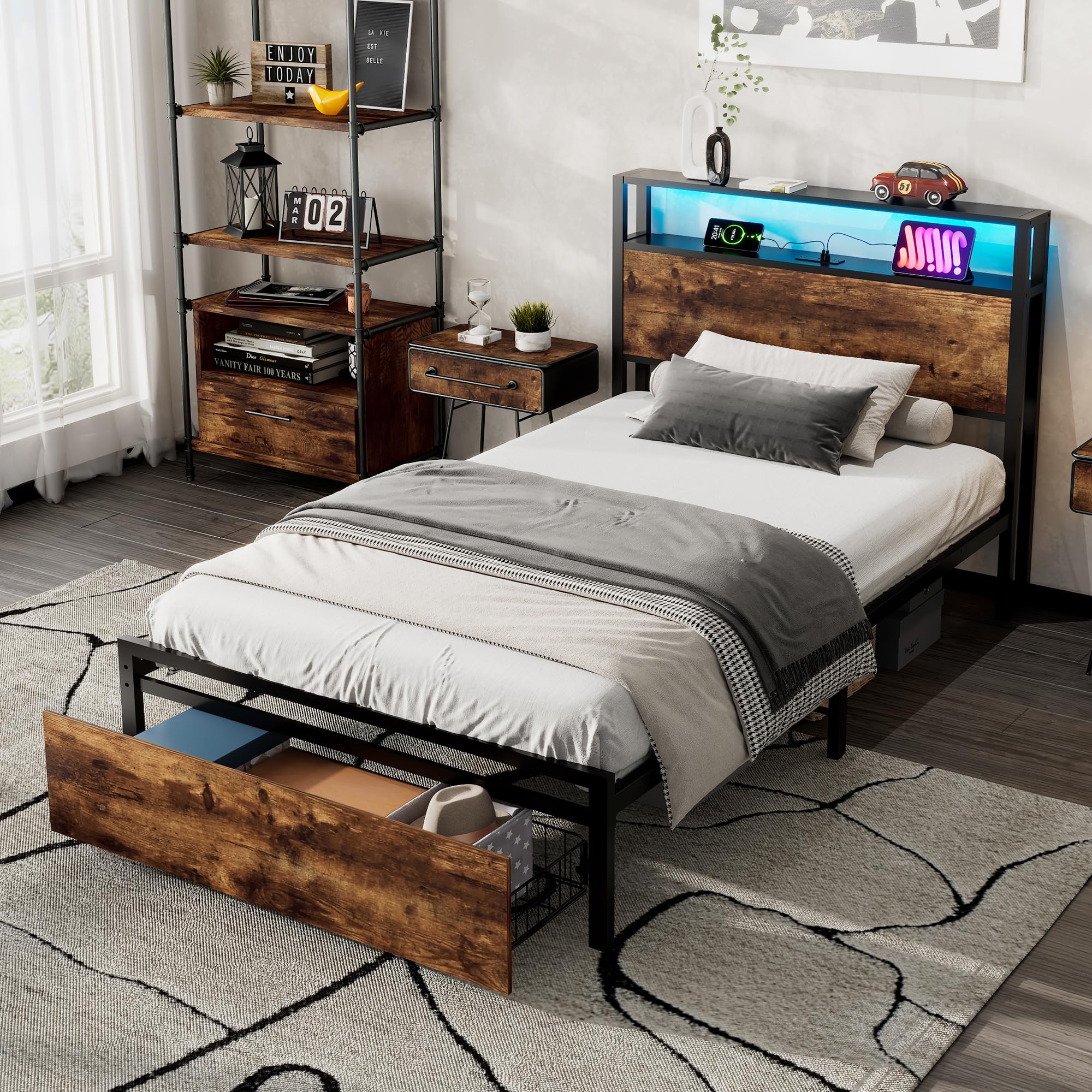 Merax 3FT Single Bed,Metal Frame 90x190cm,with LED Light Strip, Drawer on Wheels, and 3 USB Ports, Durable Wrought Iron Youth Bed for Adults & Teenagers Black+Walnut - without Matress — image 1