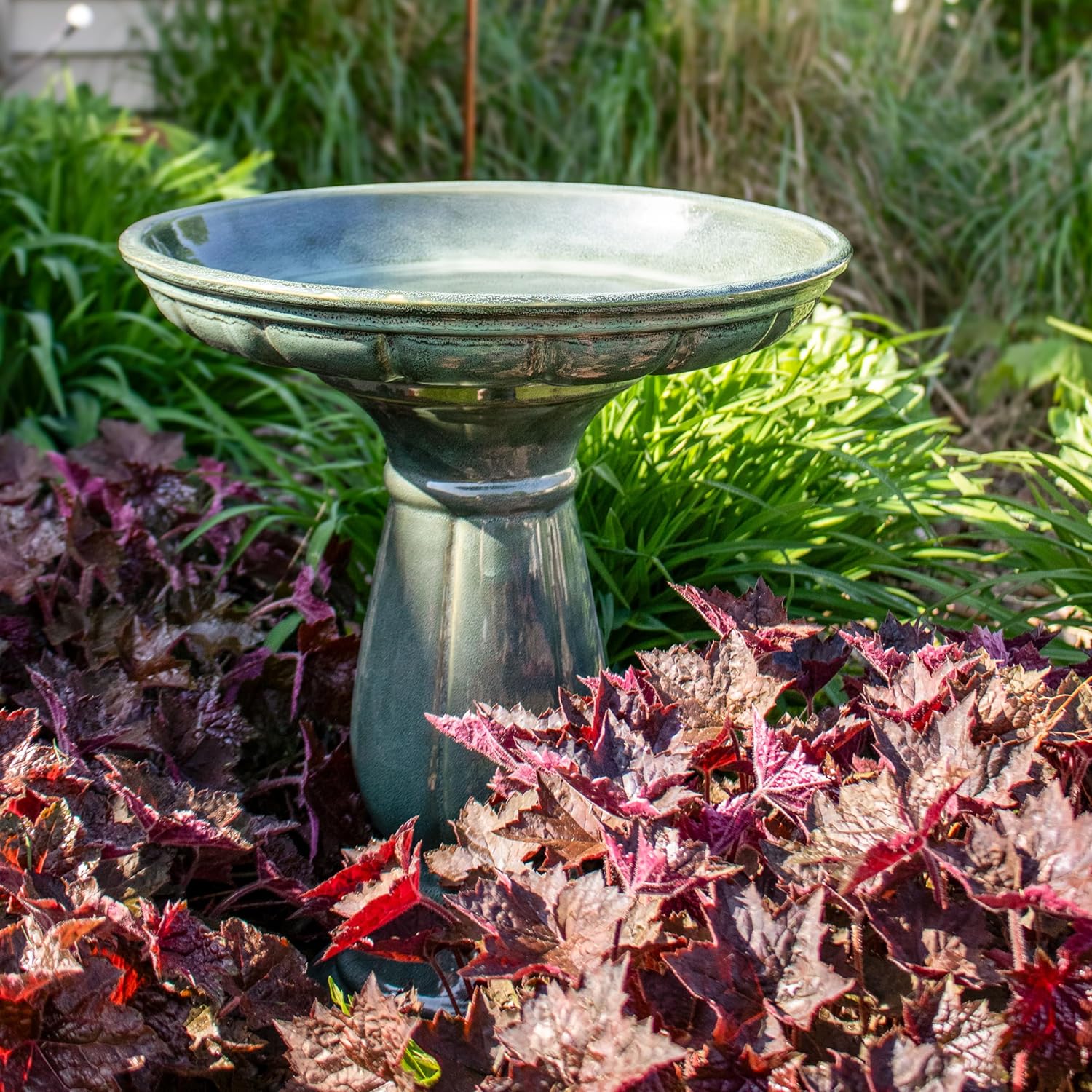Sunnydaze Avignon Outdoor Ceramic Bird Bath - 18.75" H - UV- and Frost-Resistant - Pedestal Design - Green Mist
