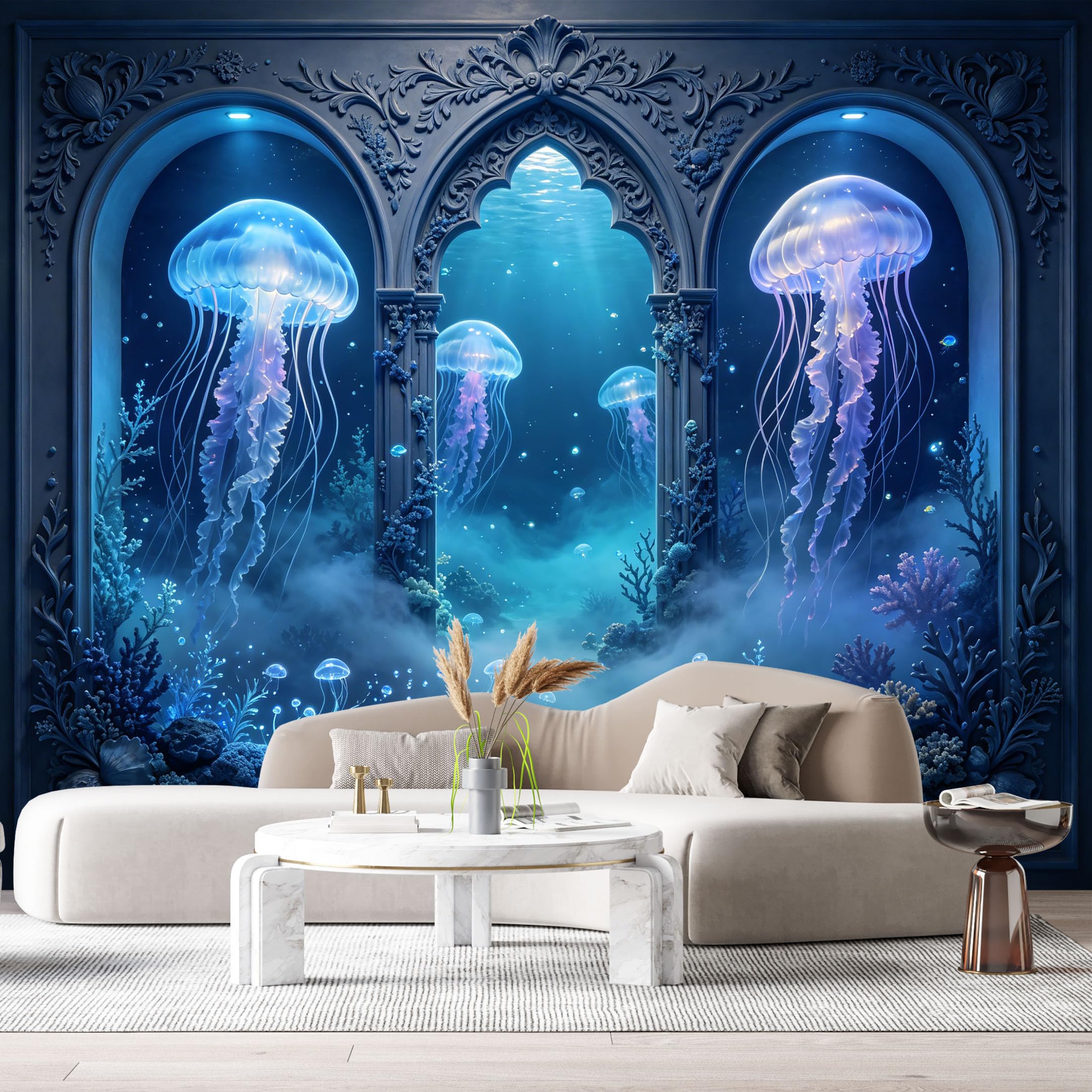 Custom Size Wall Murals Ocean Marine Jellyfish Arch 3D Trompe L'Oeil SelfAdhesiveWall Fabric Removable Wallpaper Wall Decor for Living Room Bedroom Bathroom